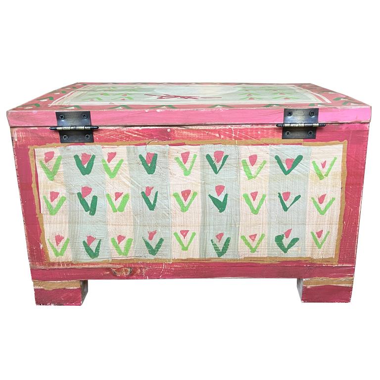 American Vintage Hand Painted Folk Art Decorative Wood Box, Trunk or Stool in Pink For Sale
