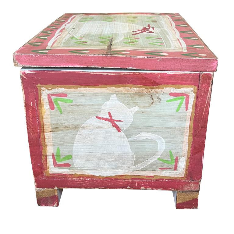 20th Century Vintage Hand Painted Folk Art Decorative Wood Box, Trunk or Stool in Pink For Sale