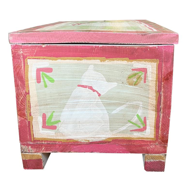 Vintage Hand Painted Folk Art Decorative Wood Box, Trunk or Stool in Pink For Sale 1
