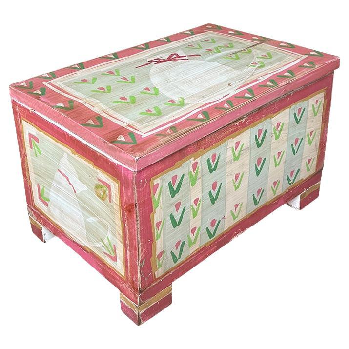 Vintage Hand Painted Folk Art Decorative Wood Box, Trunk or Stool in Pink For Sale