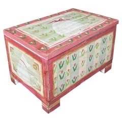 Used Hand Painted Folk Art Decorative Wood Box, Trunk or Stool in Pink