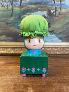 Vintage Hand-Painted Folk Art Doll Figurine on Wooden Block Base with Fabric.
