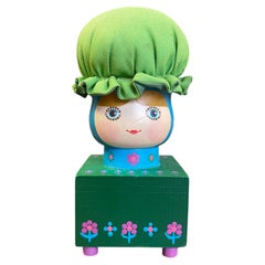 Vintage Hand-Painted Folk Art Doll Figurine on Wooden Block Base with Fabric.