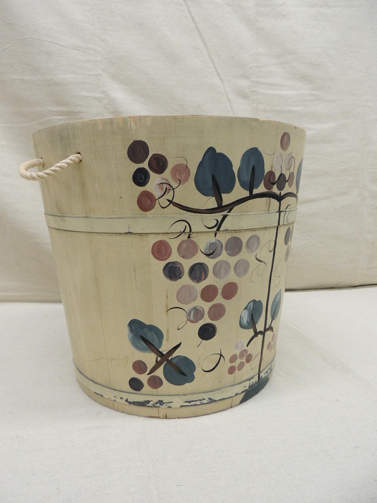20th Century Vintage Hand Painted Folk Art Style Bucket with Rope Handles