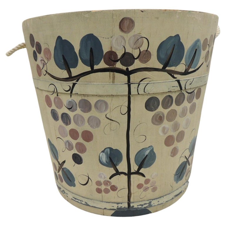 Vintage Hand Painted Folk Art Style Bucket with Rope Handles For Sale