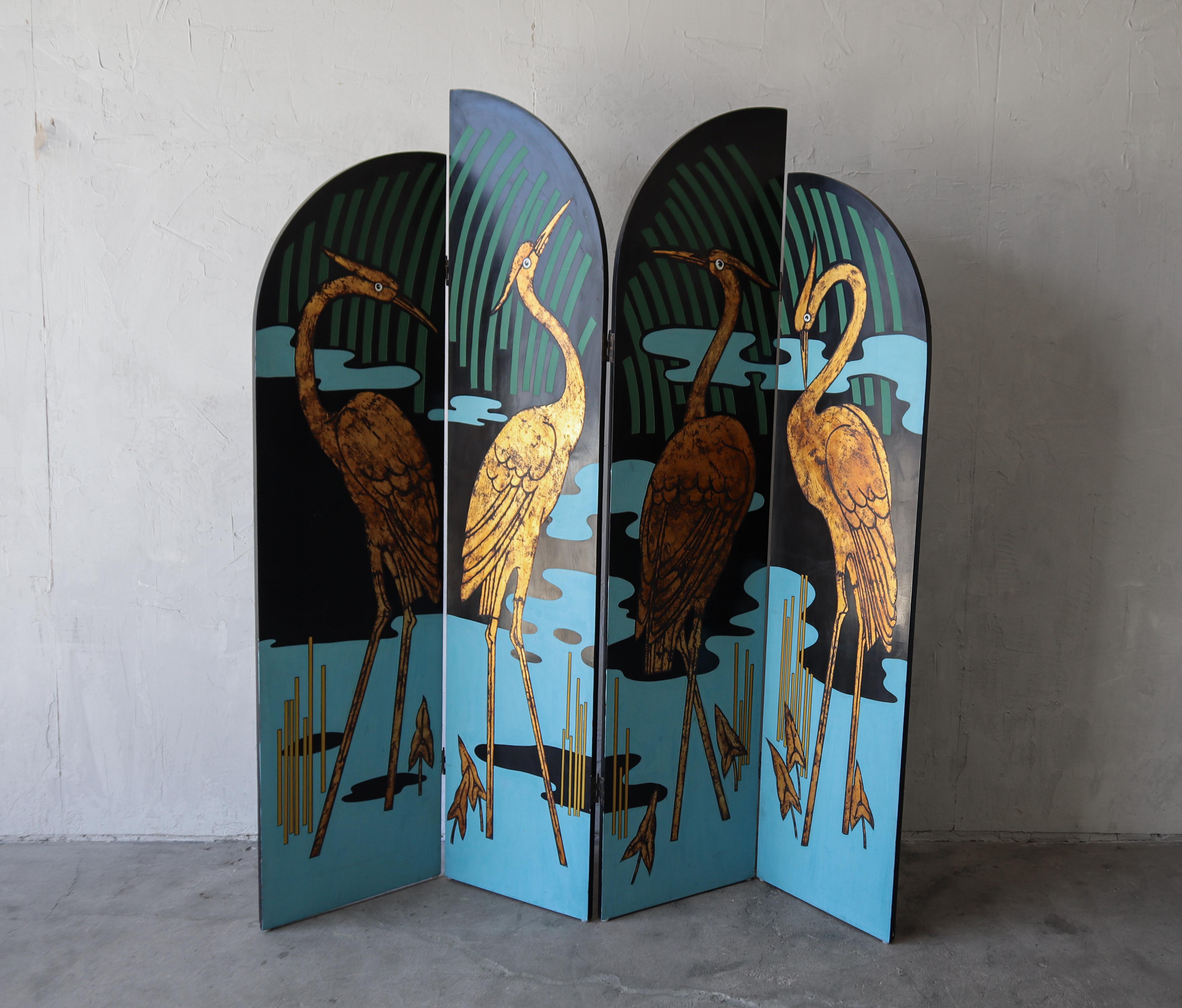 Vintage Hand Painted Four-Panel Screen Room Divider In Good Condition For Sale In Las Vegas, NV