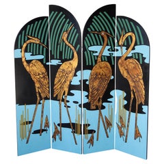 Used Hand Painted Four-Panel Screen Room Divider