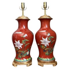 Vintage Hand Painted Glazed Ceramic Lamps - A Pair