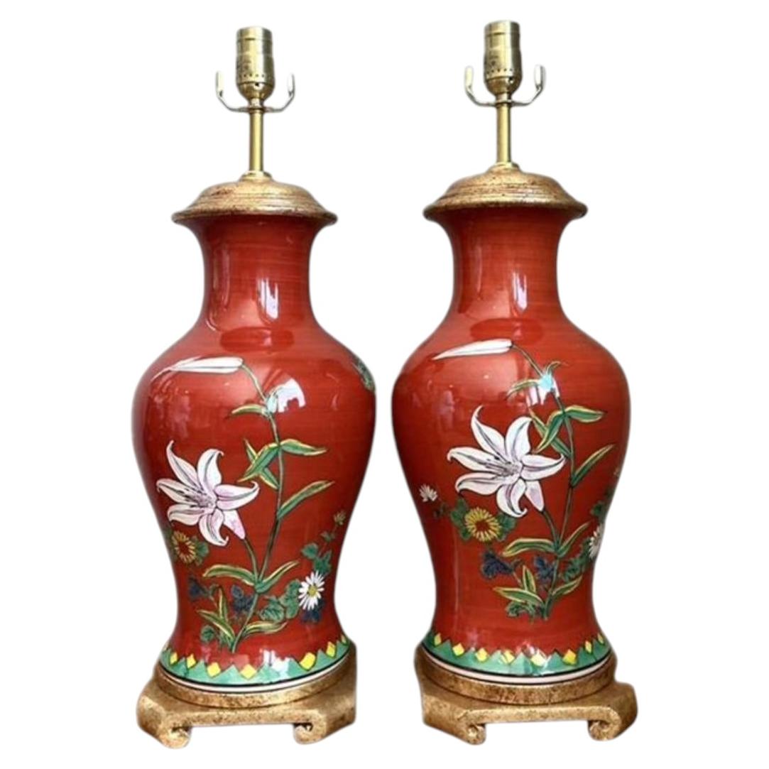 Vintage Hand Painted Glazed Ceramic Lamps - A Pair