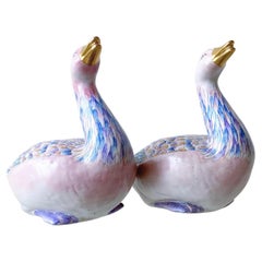 Retro Hand Painted Gold, Purple and Pink Chinese Porcelain Ducks, a Pair