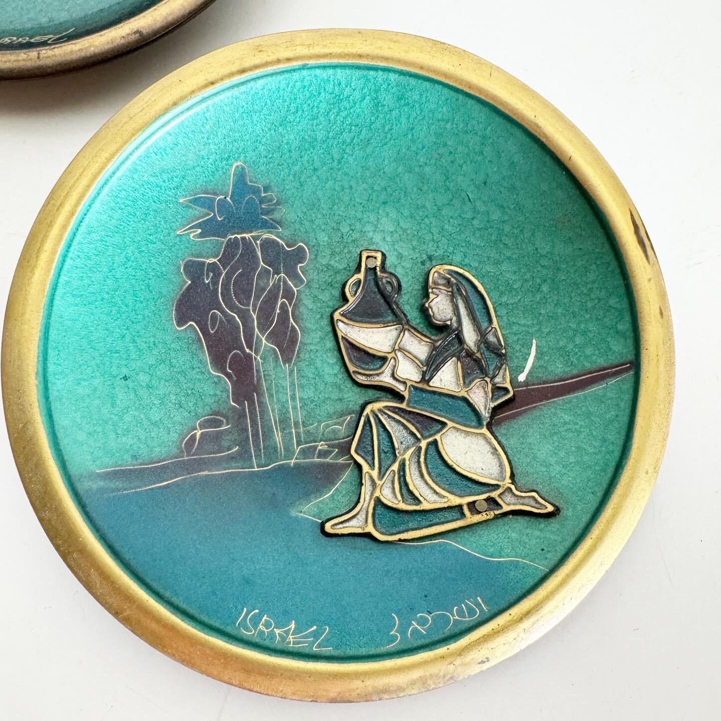 Late 20th Century Vintage Hand Painted Green and Brass Israeli Decorative Plates - Set of 4 For Sale