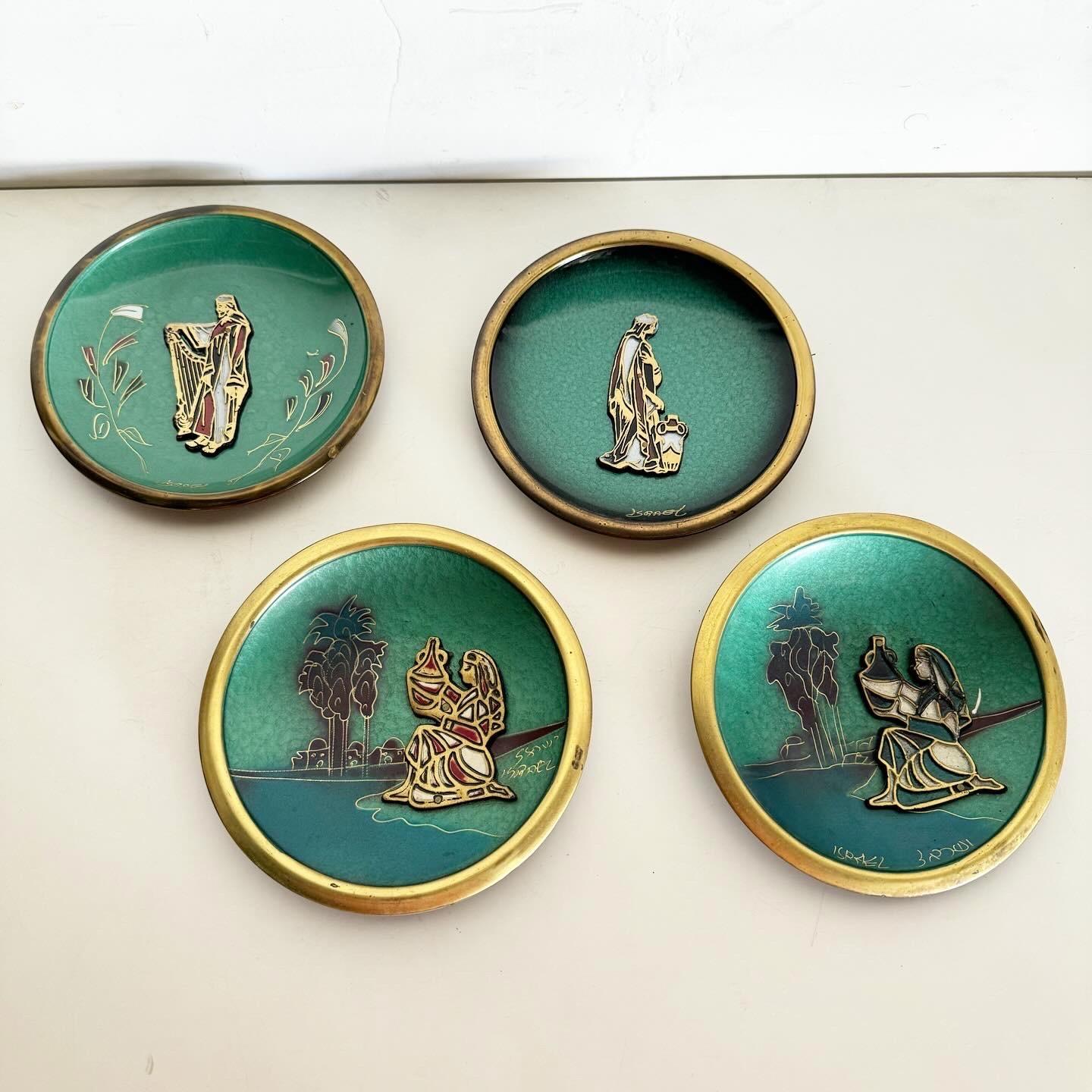 Vintage Hand Painted Green and Brass Israeli Decorative Plates - Set of 4 For Sale 2