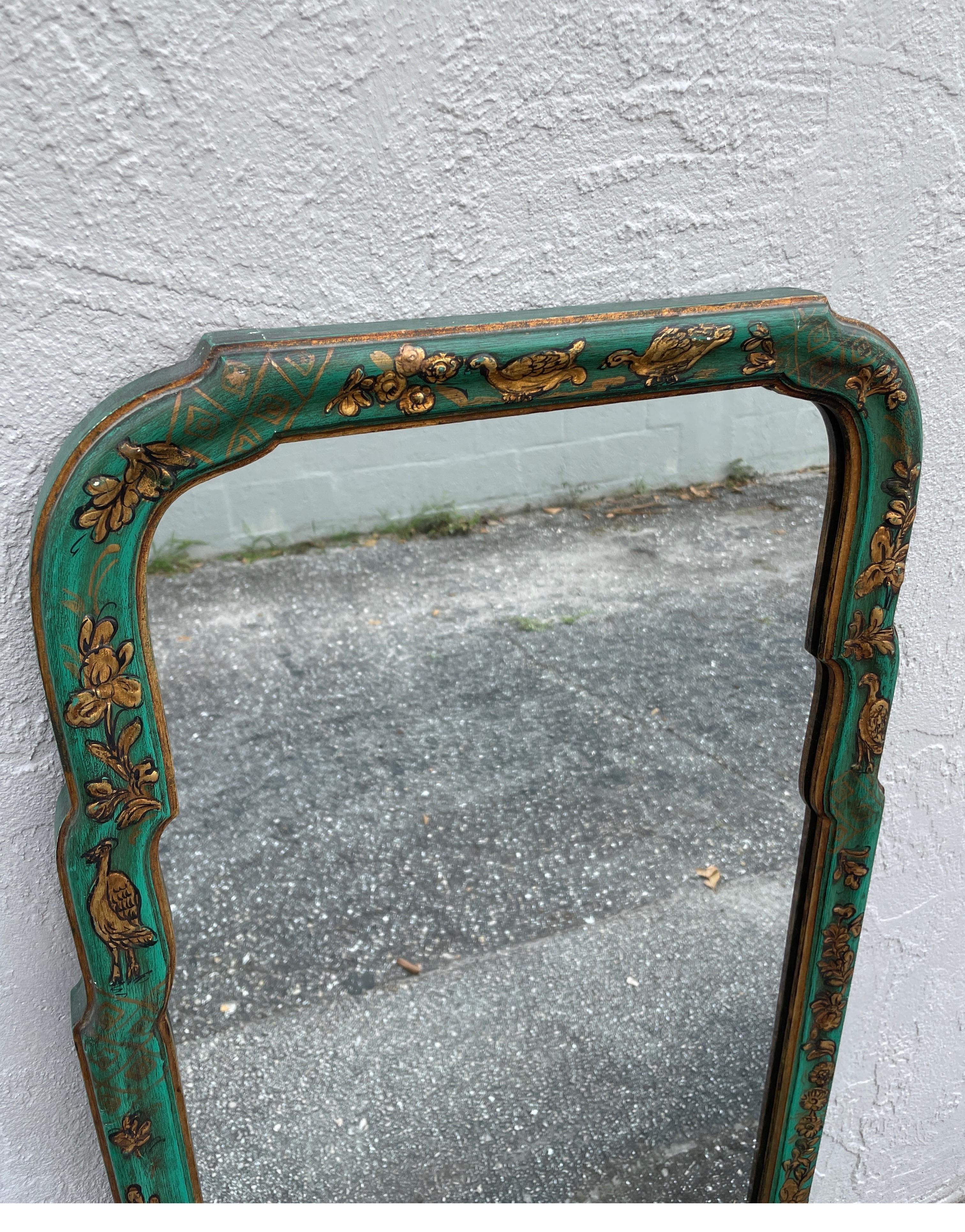 Vintage Hand Painted Green Chinoiserie Mirror 2