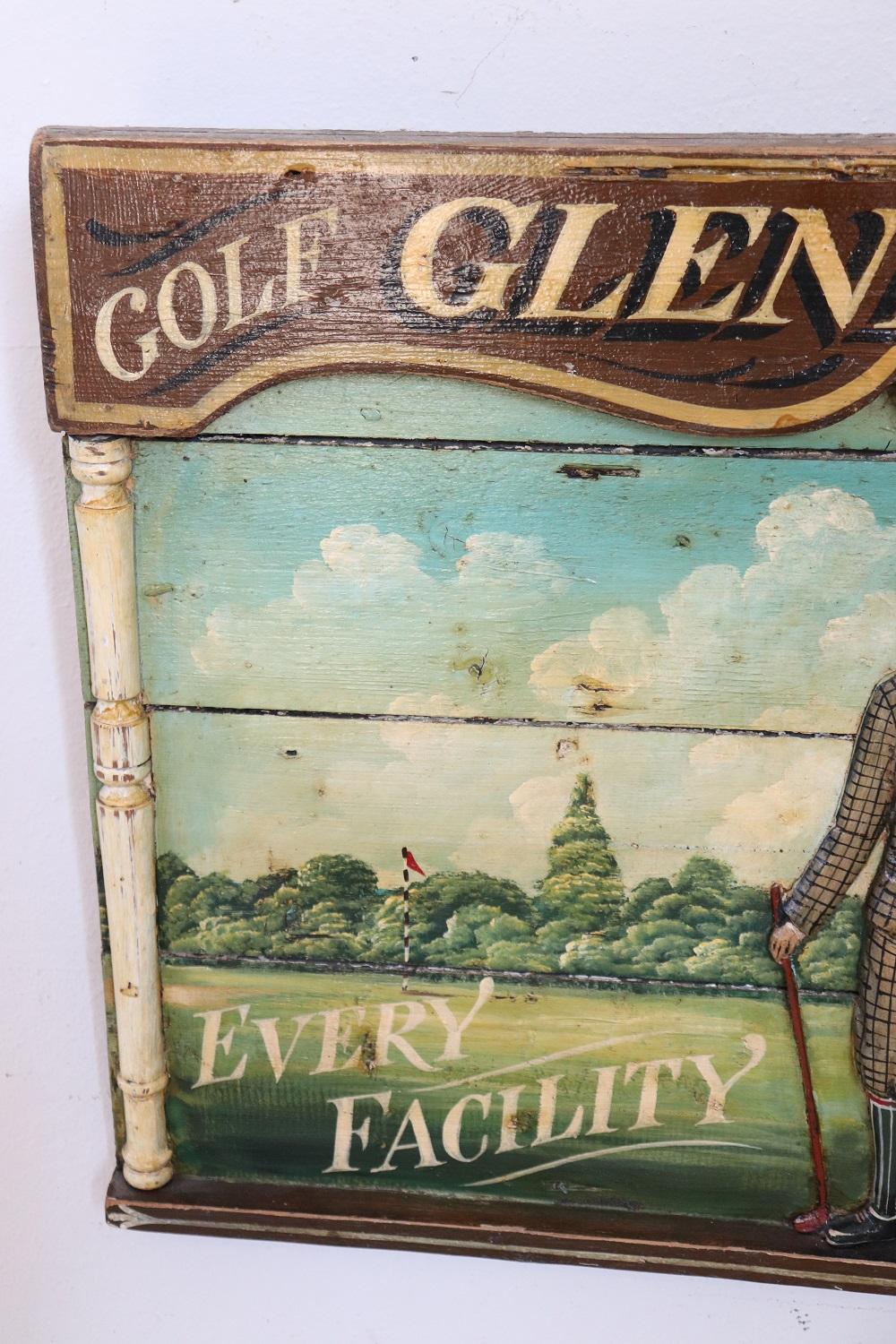 This vintage sign for collectors is truly special. Made of wood with relief decorations and hand painted. The sign was dedicated to the historic Gleneagles golf club founded in 1910.