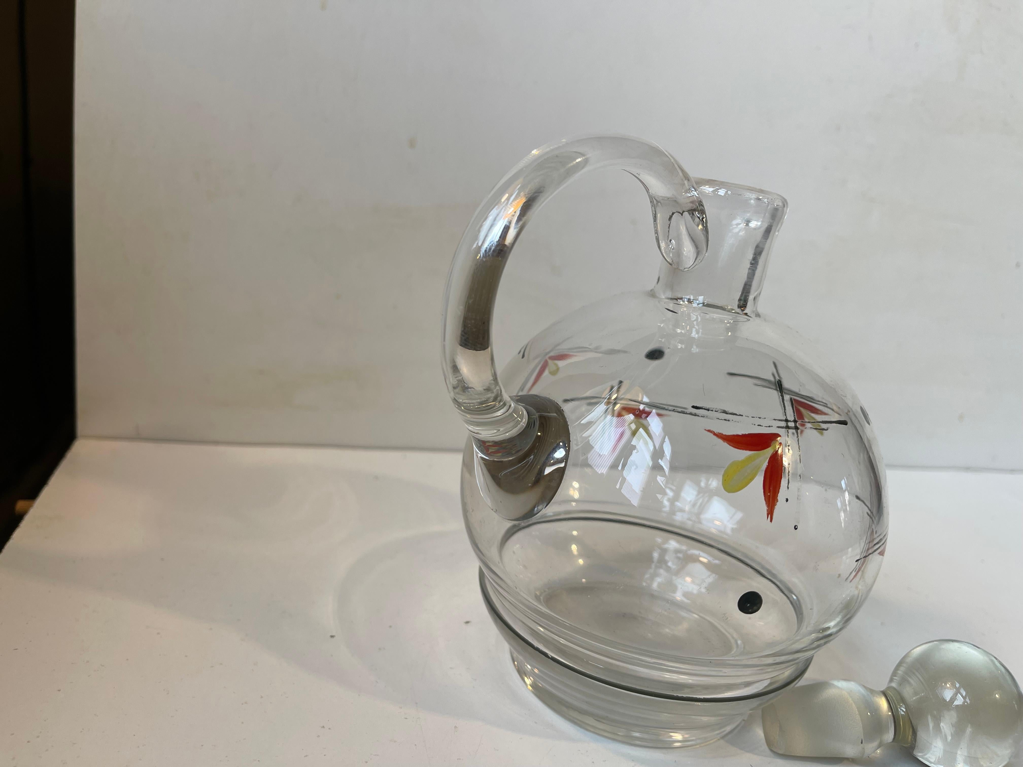 Hand-Painted Vintage Hand Painted Holmegaard Glass Decanter by Jacob E. Bang, 1950s For Sale
