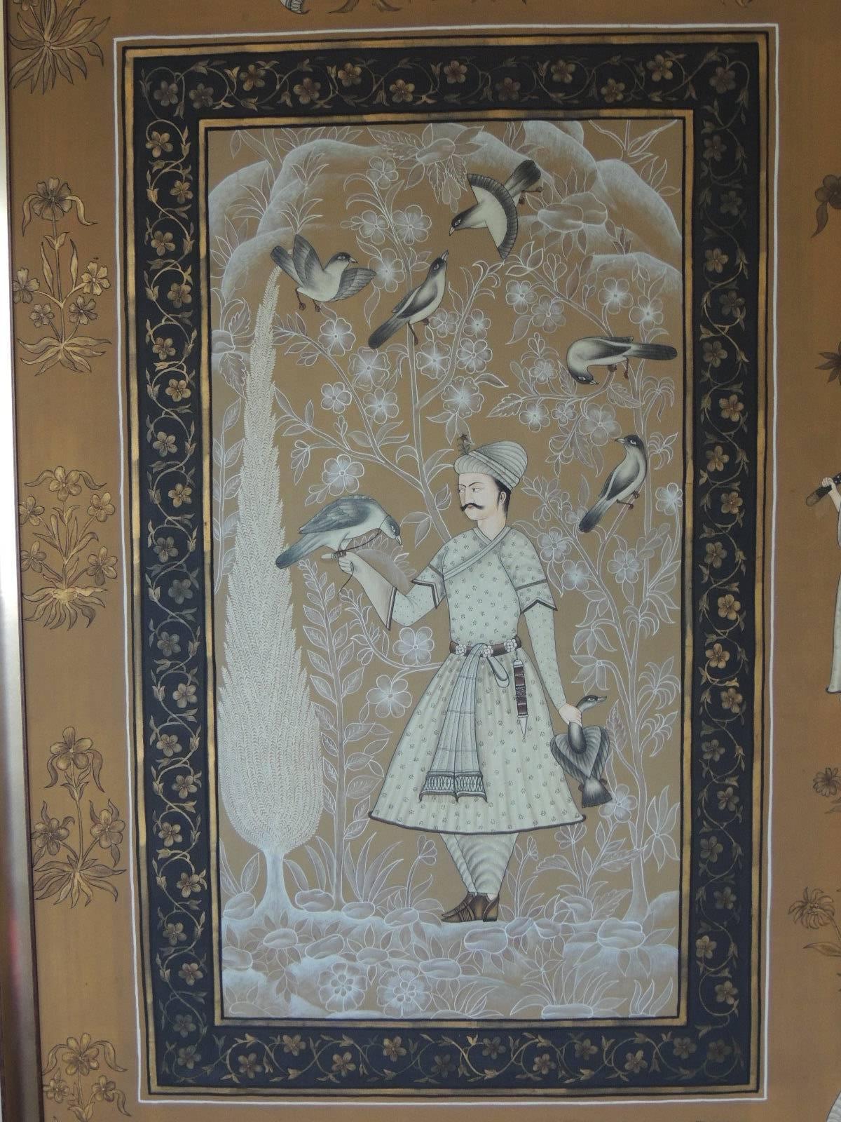 Large vintage hand painted (Asian) Indian painting of a noble. Subtle color scheme of brown, tan, camel and grey with black outline. The painting is done by hand with a Kalam Indian pen on sheer cotton.
South Eastern Indian Noble man with turban