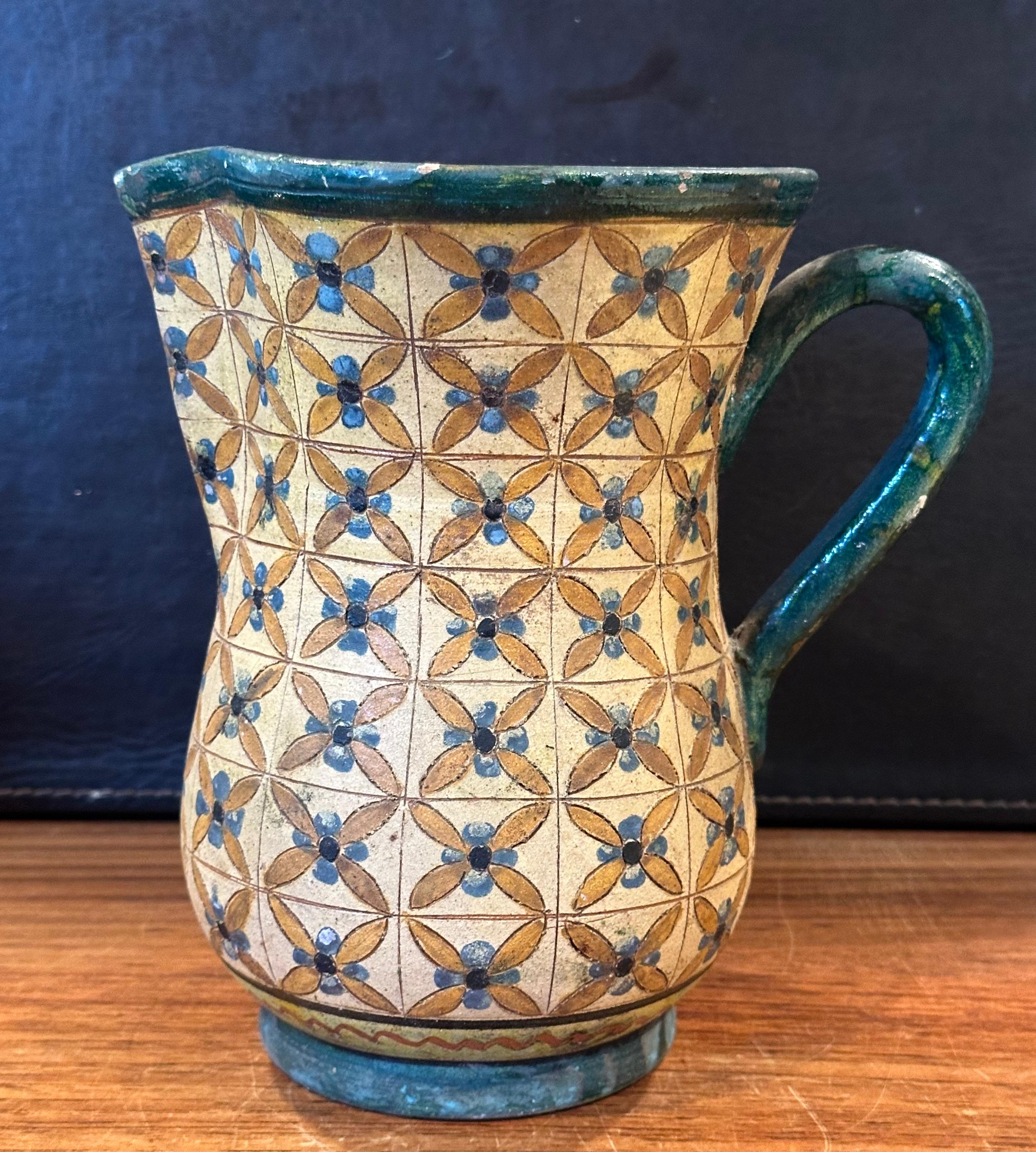 Vintage Hand-Painted Italian Pottery Water Pitcher by Montopola Arno In Good Condition For Sale In San Diego, CA