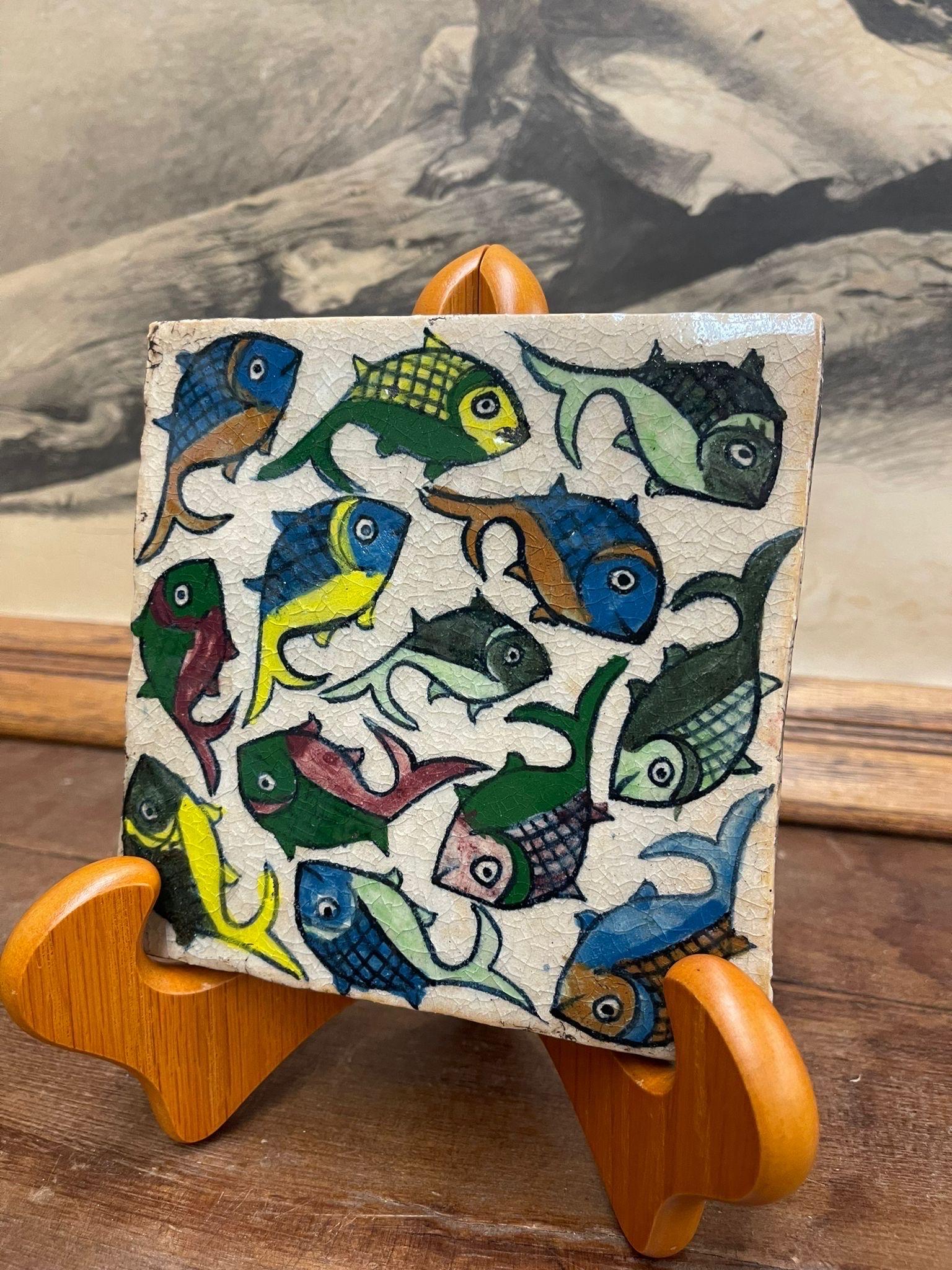 Mid-Century Modern Vintage Hand Painted Italian Tile With Swimming Fish Motif. For Sale