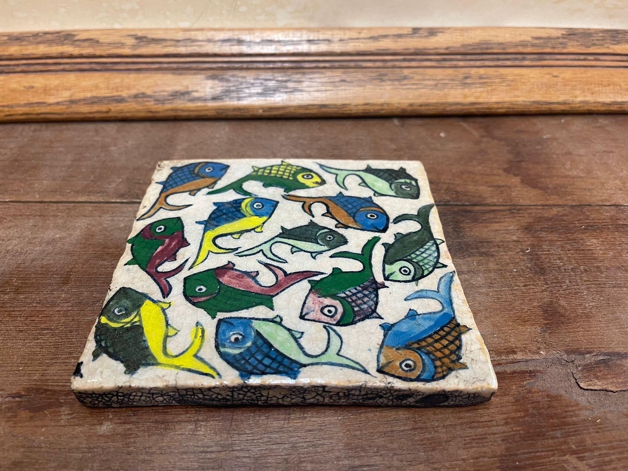 Late 20th Century Vintage Hand Painted Italian Tile With Swimming Fish Motif. For Sale