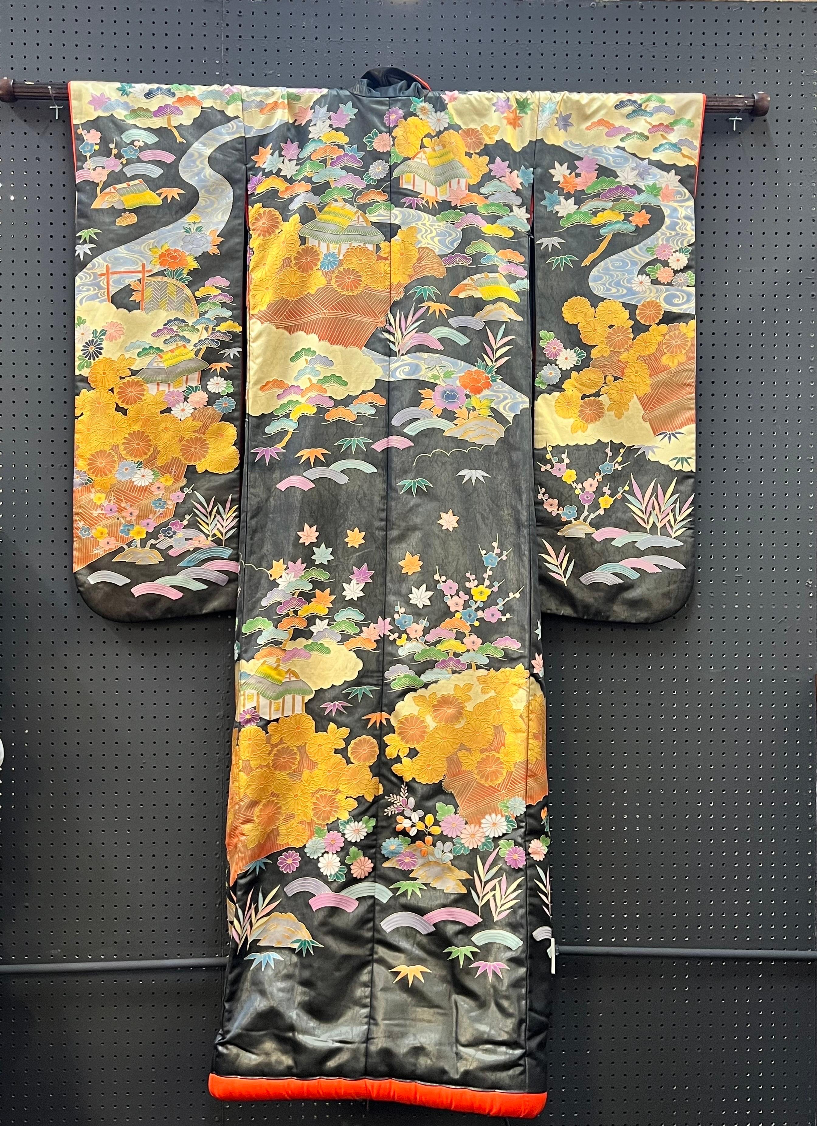 Stunning Japanese Wedding Kimono, hand painted with exceptional details in rich warm colores 
Has a red silk interior, wooden rod is included 
An incredible piece that hangs about  75” long  by 50” wide, the body section is 22” wide 
if you are