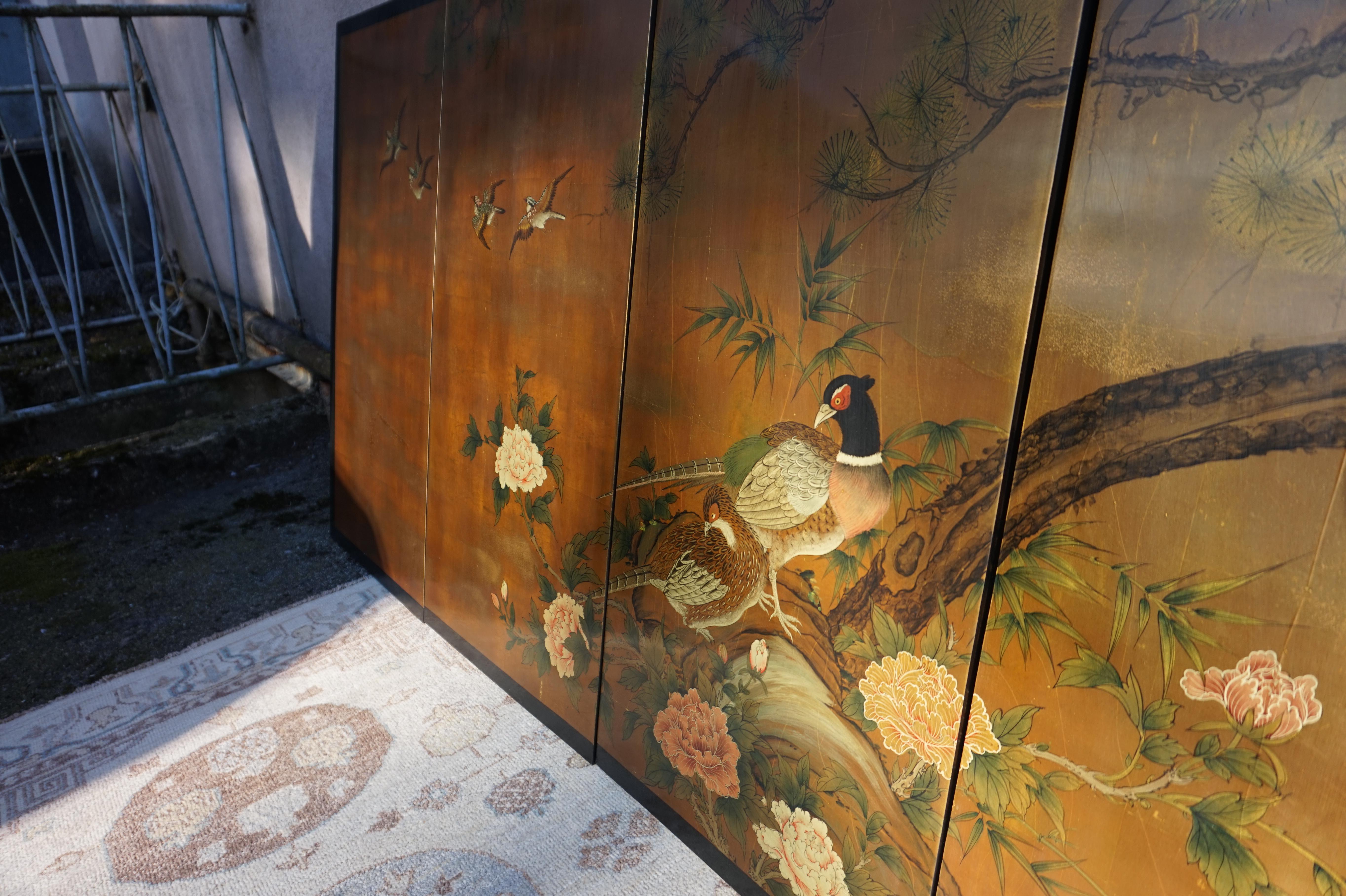 Vintage Hand painted & Lacquered Chinese Wall Panels With Pheasants 4