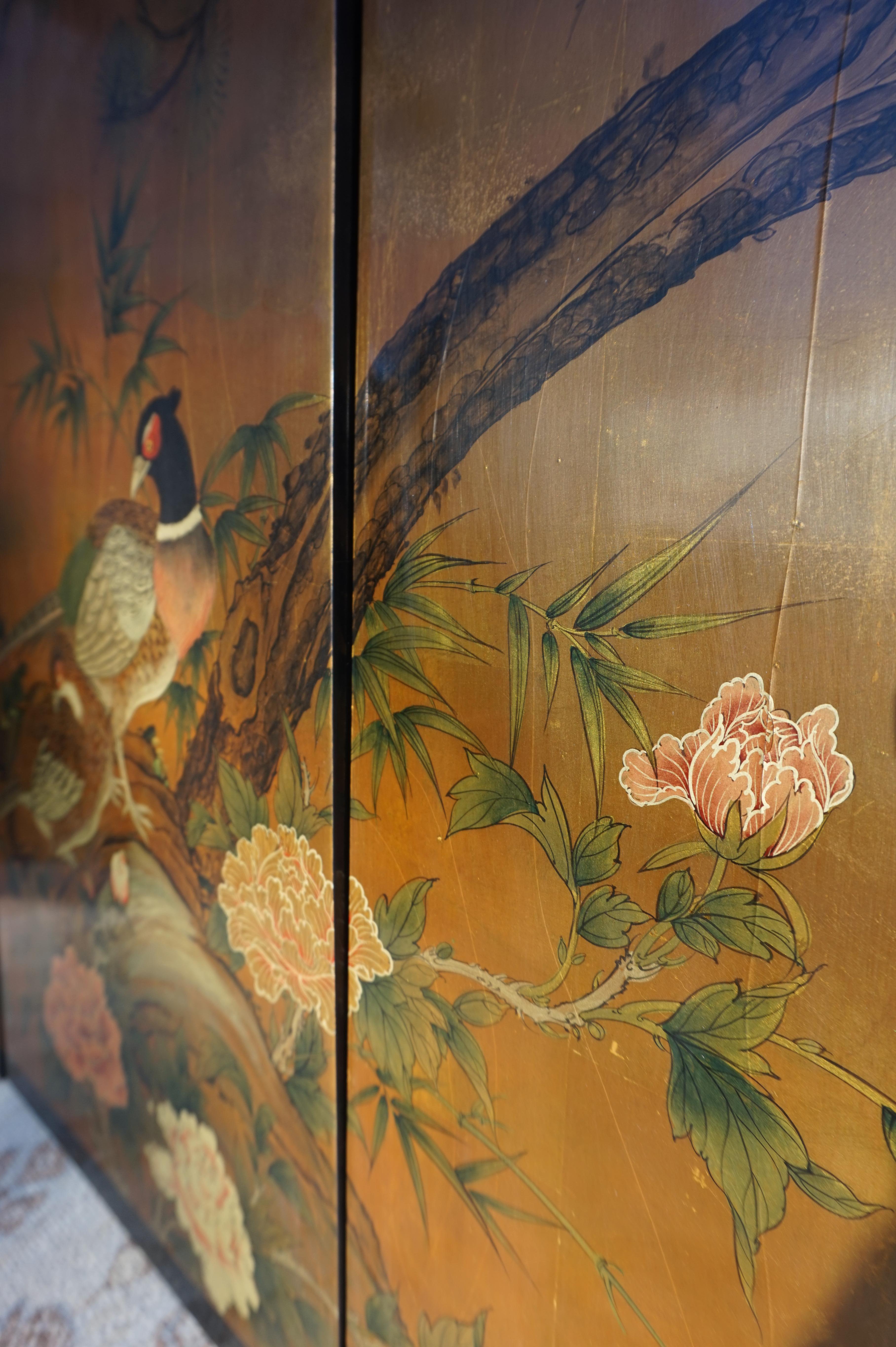 Vintage Hand painted & Lacquered Chinese Wall Panels With Pheasants 5