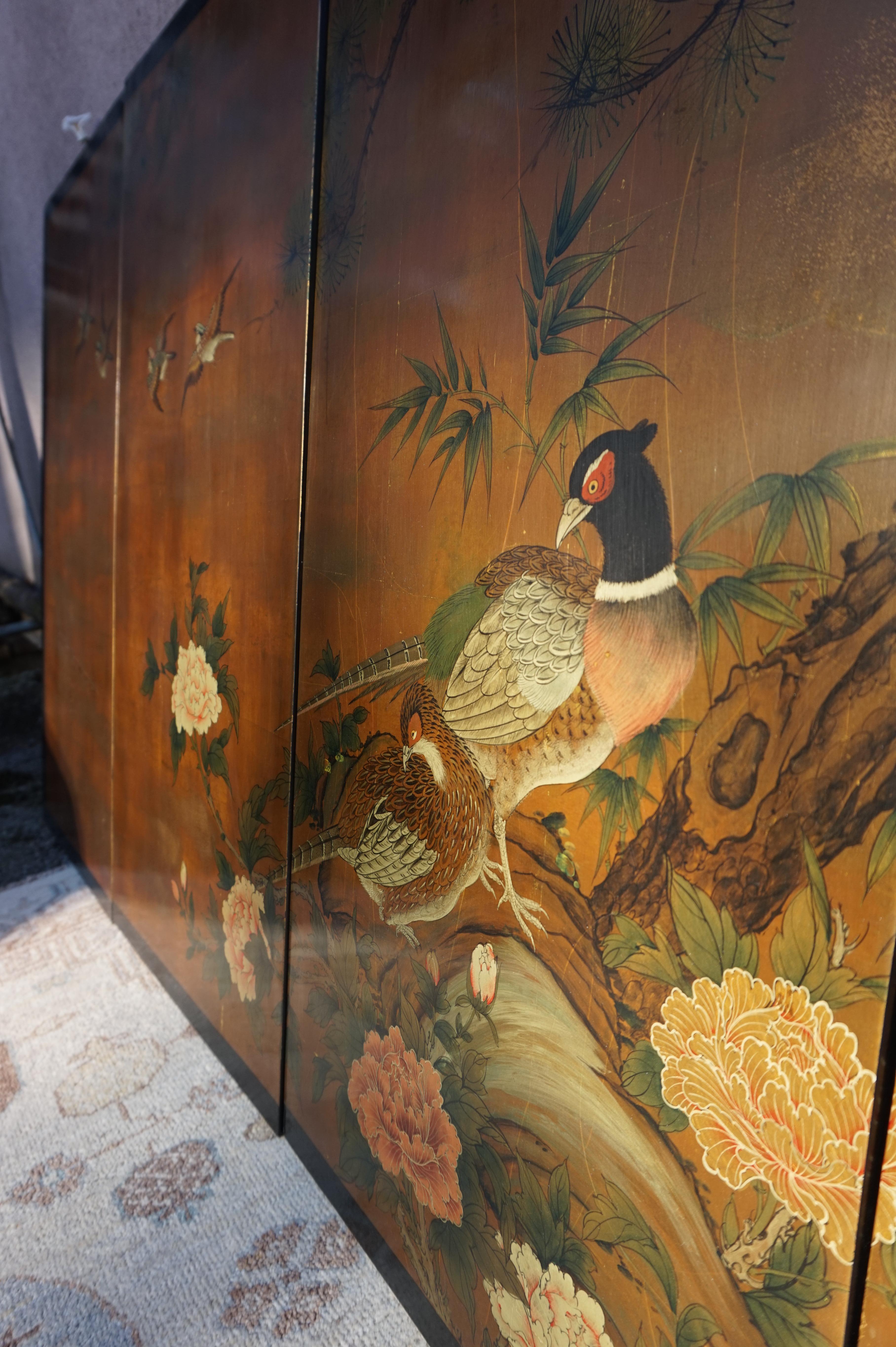 Vintage Hand painted & Lacquered Chinese Wall Panels With Pheasants 6