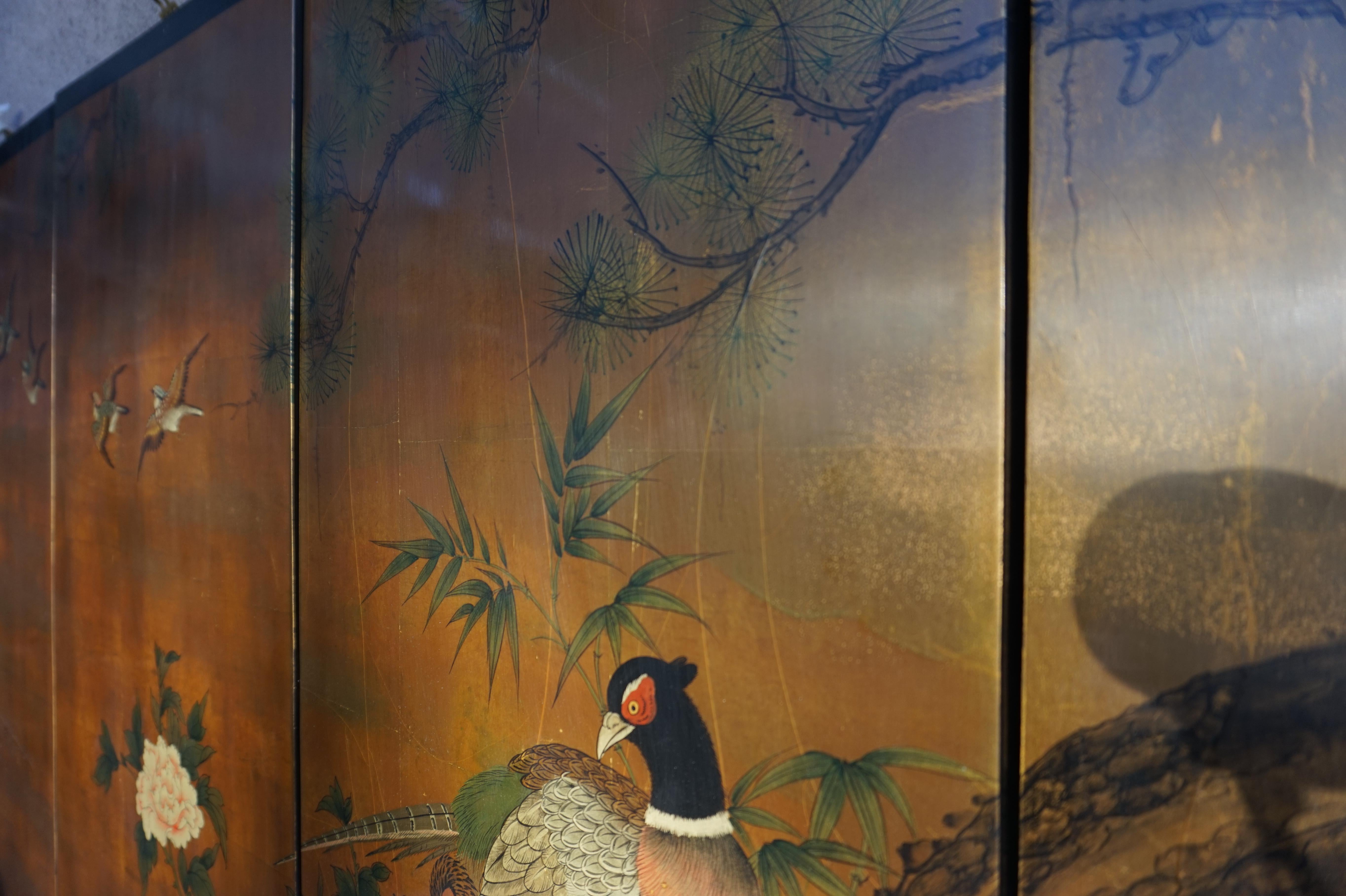 Vintage Hand painted & Lacquered Chinese Wall Panels With Pheasants 8