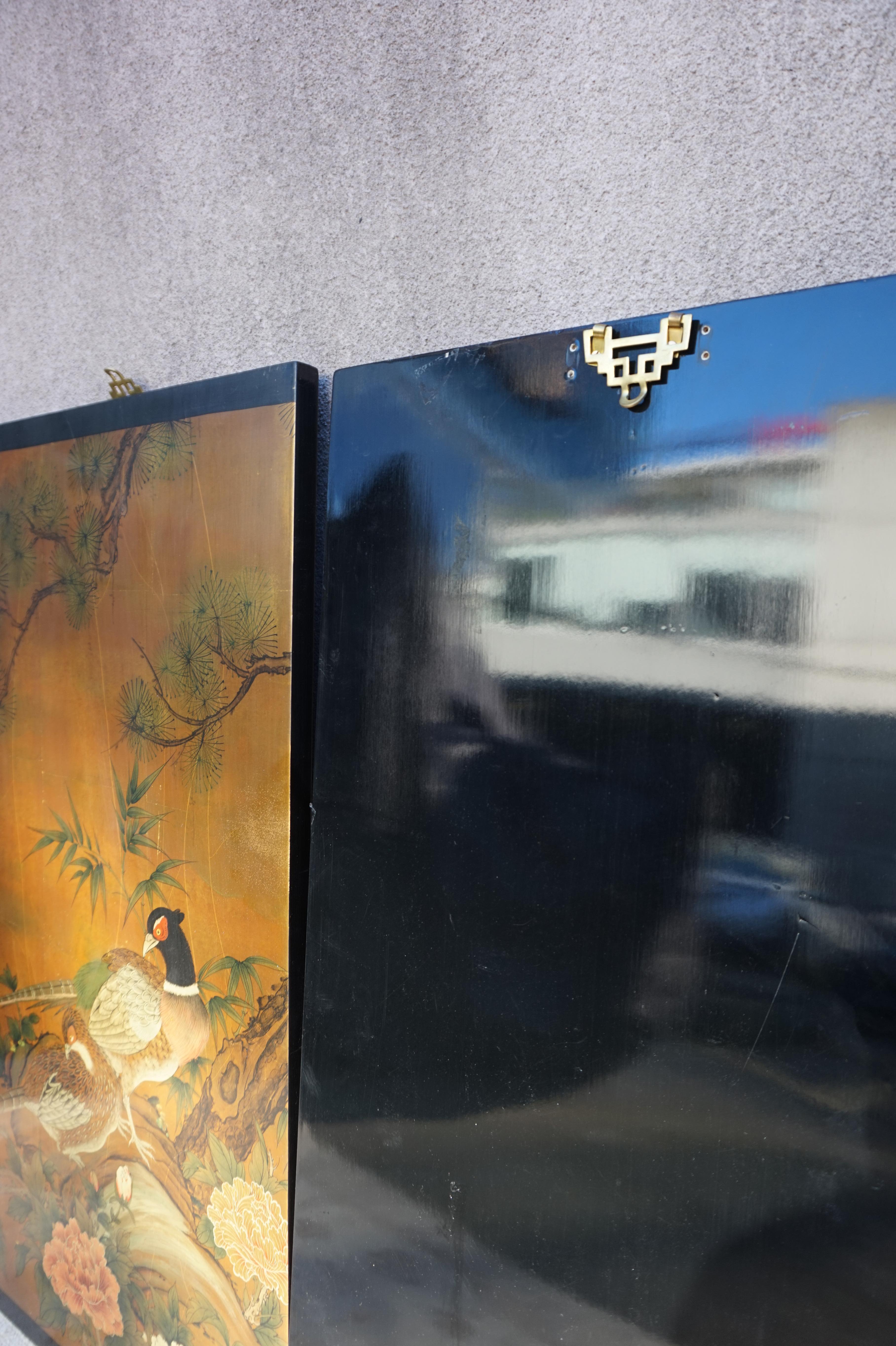Vintage Hand painted & Lacquered Chinese Wall Panels With Pheasants 10