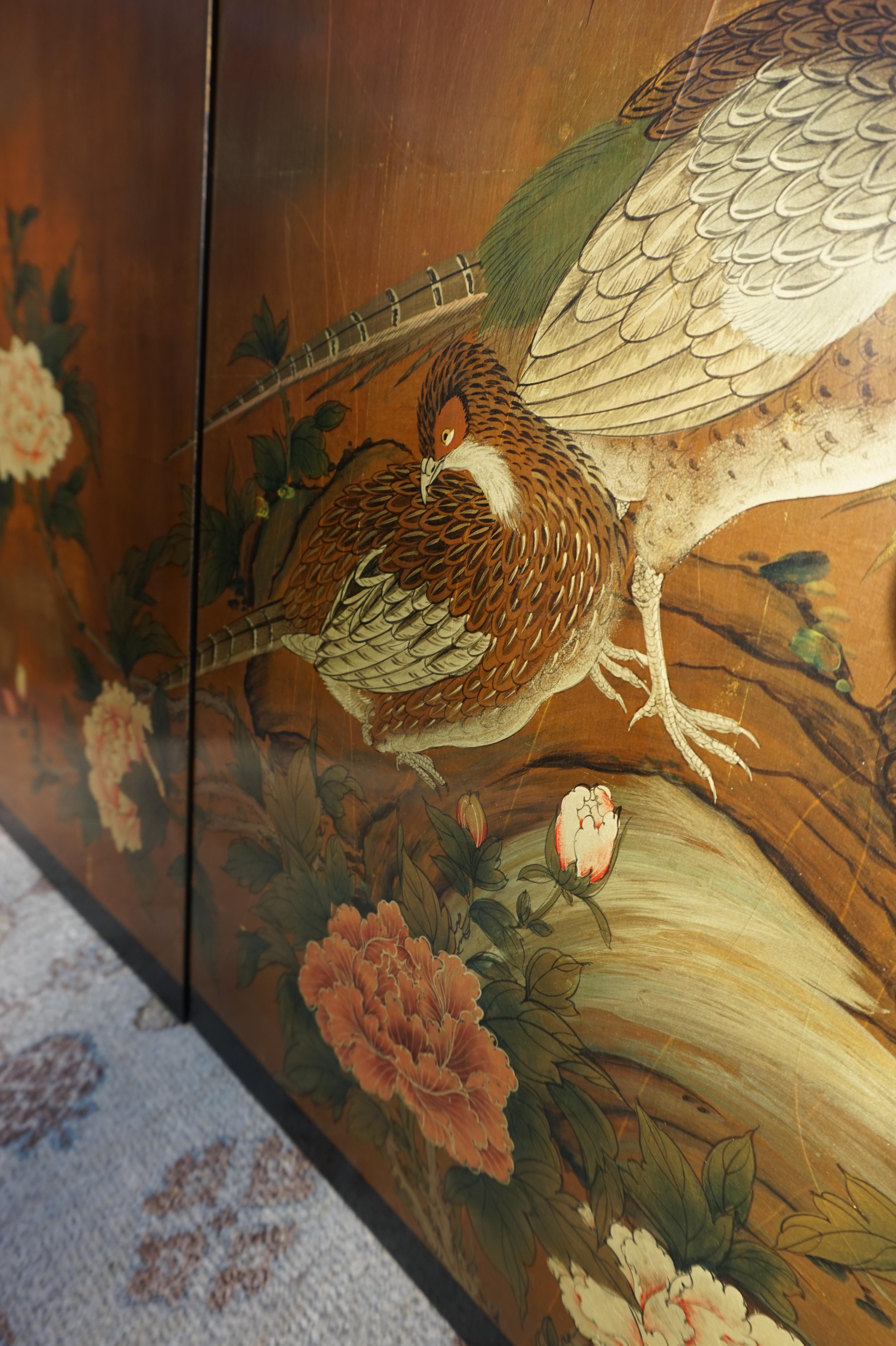 Vintage Hand painted & Lacquered Chinese Wall Panels With Pheasants 11