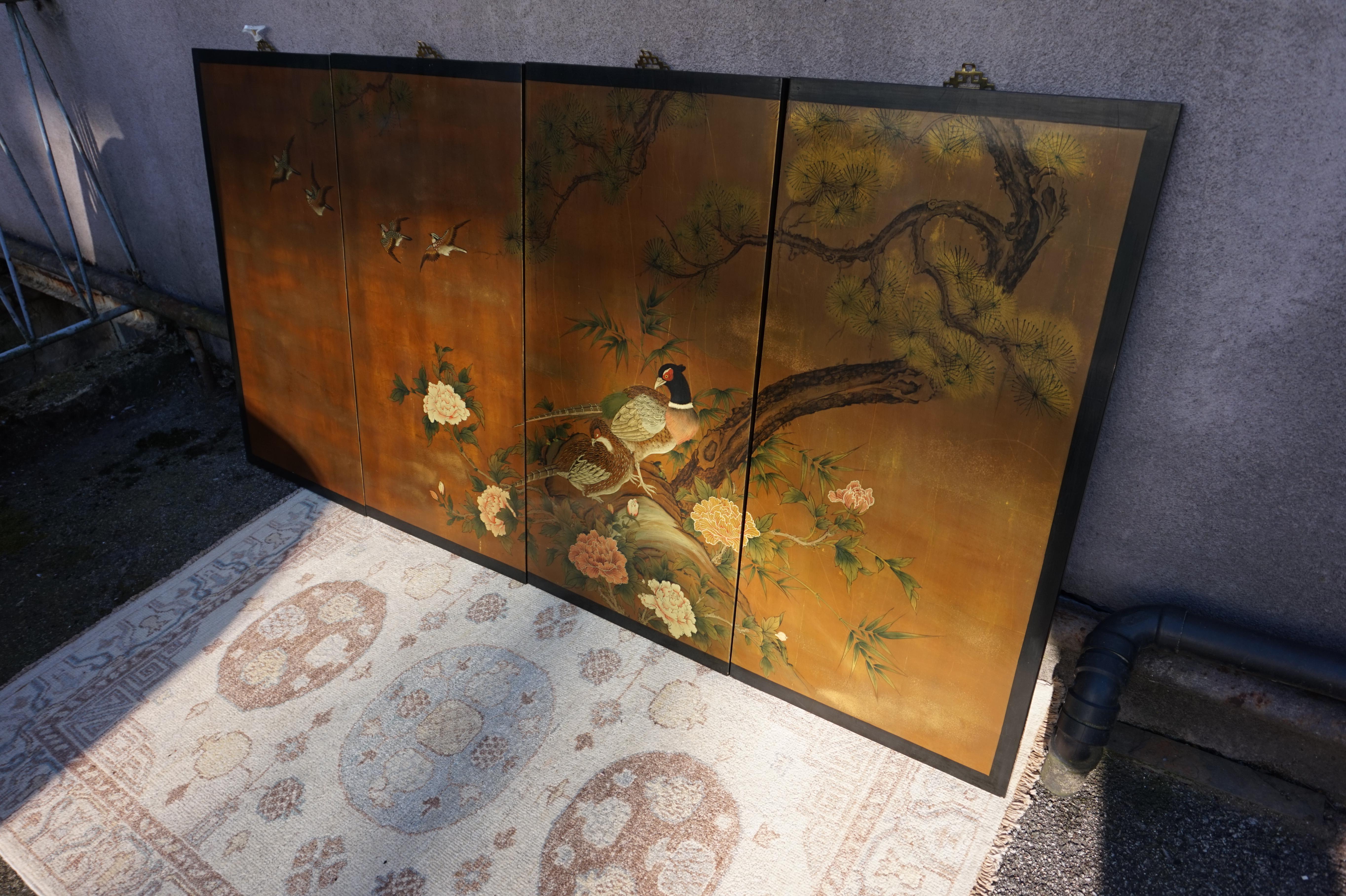 Hand-Painted Vintage Hand painted & Lacquered Chinese Wall Panels With Pheasants