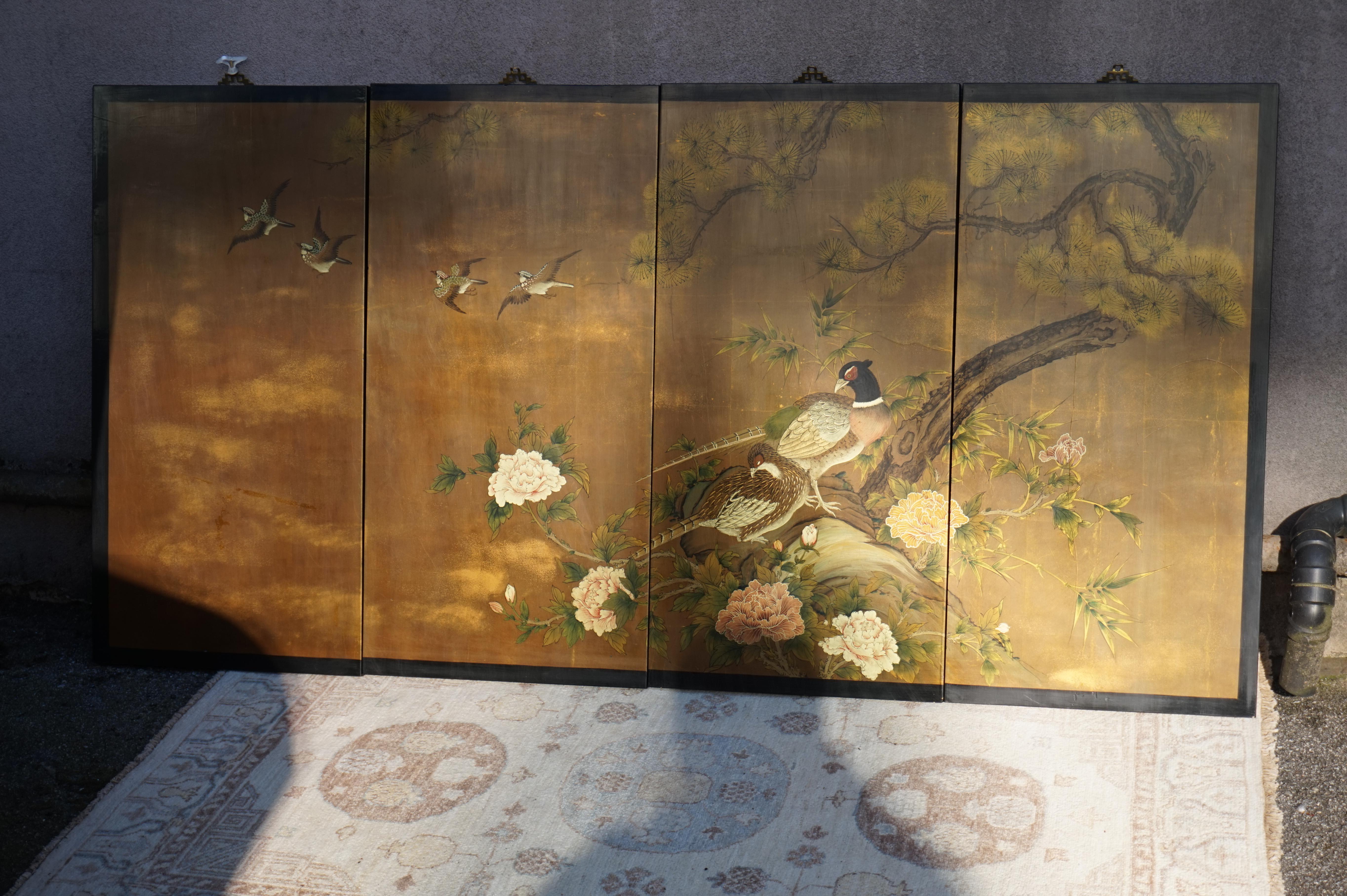 Vintage Hand painted & Lacquered Chinese Wall Panels With Pheasants In Good Condition In Vancouver, British Columbia