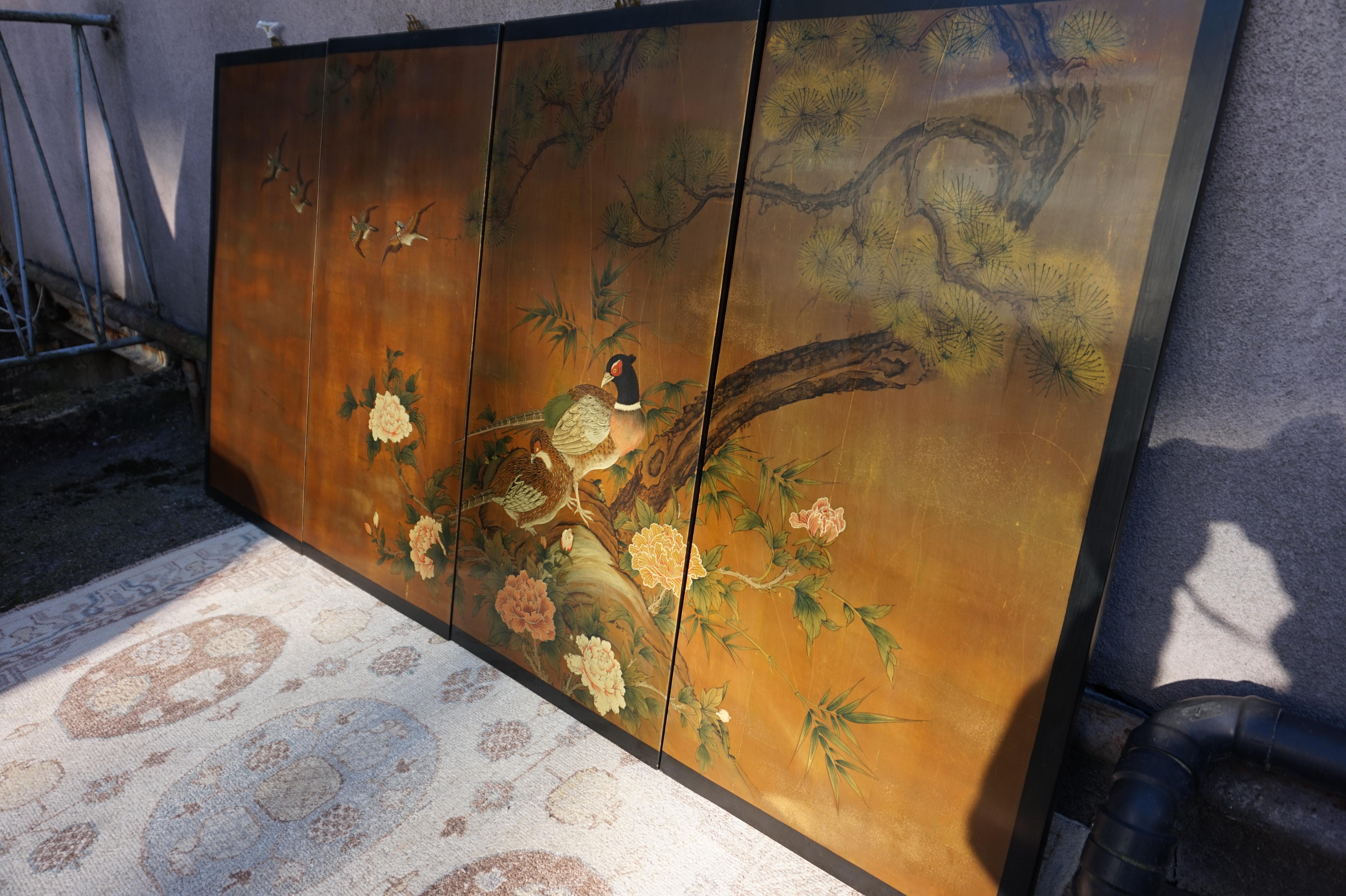 Vintage Hand painted & Lacquered Chinese Wall Panels With Pheasants 1