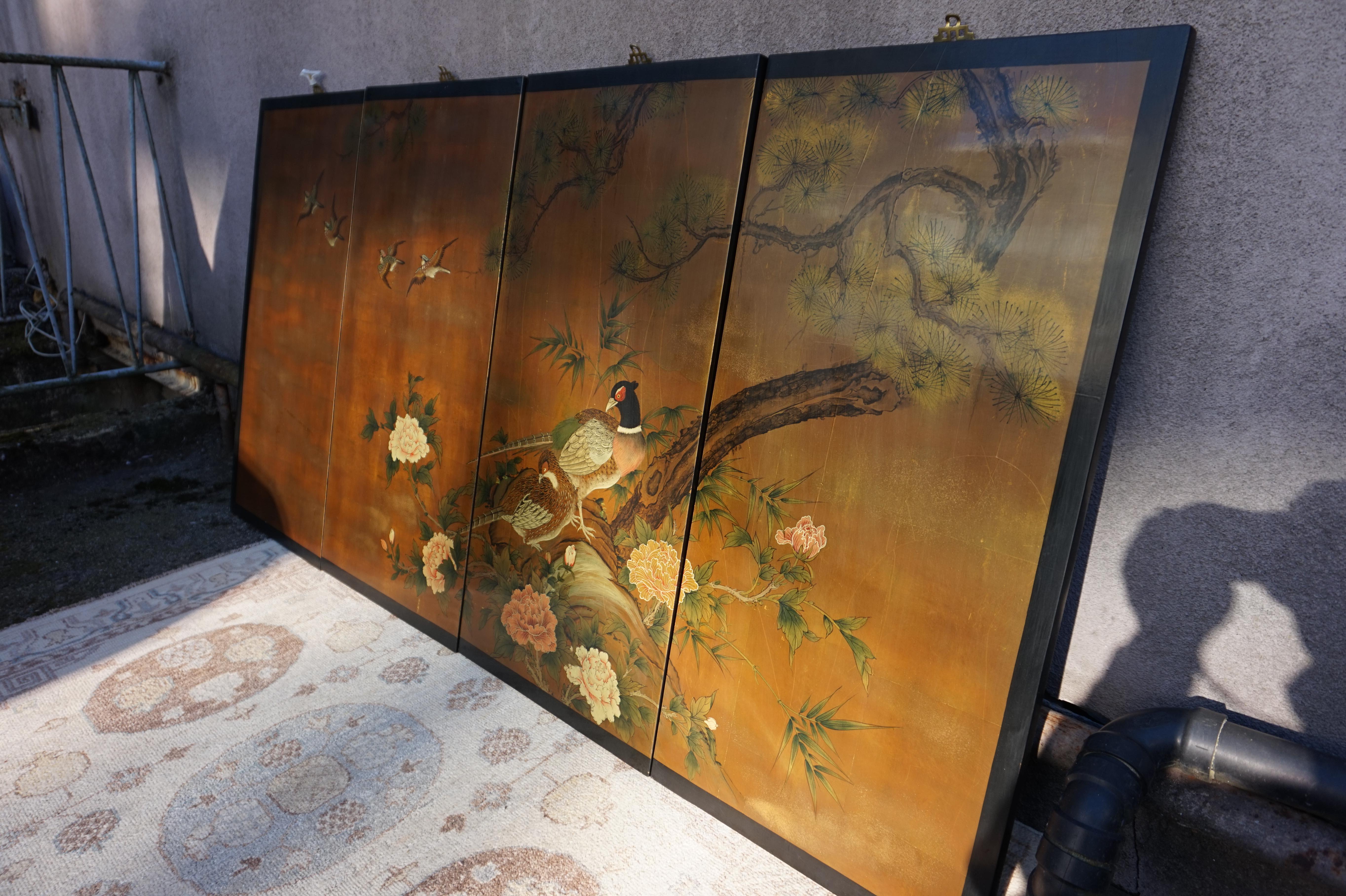 Vintage Hand painted & Lacquered Chinese Wall Panels With Pheasants 2