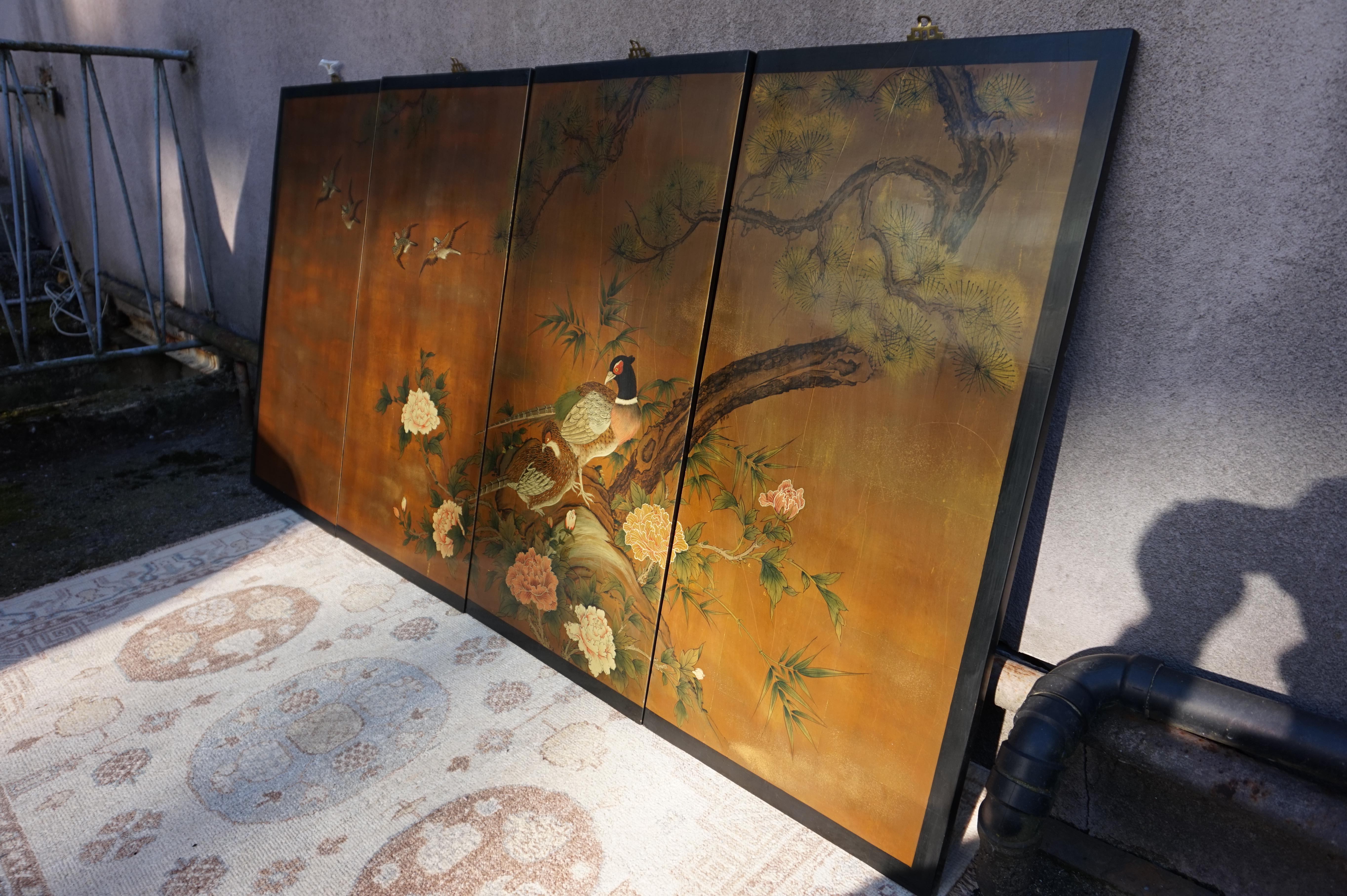 Vintage Hand painted & Lacquered Chinese Wall Panels With Pheasants 3