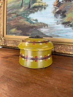 Vintage Hand-Painted Lacquered Wood Lidded Box with Heart Motif.