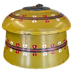 Vintage Hand-Painted Lacquered Wood Lidded Box with Heart Motif.