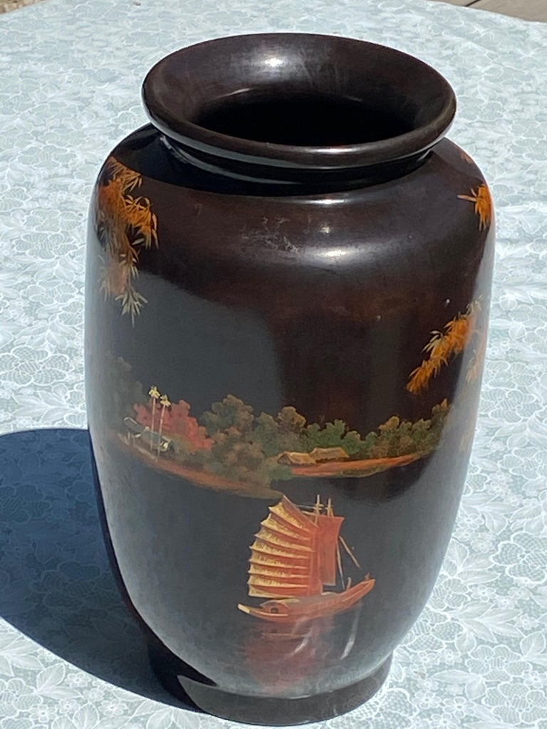 Vintage Hand Painted Lacquerware Wooden Vase, Vietnam, 1970s at 1stDibs