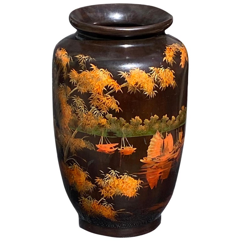 Vintage Hand Painted Lacquerware Wooden Vase, Vietnam, 1970s at 1stDibs
