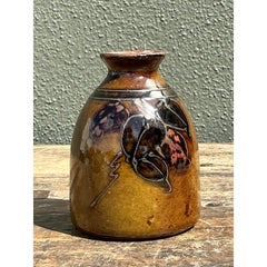 Vintage Hand Painted Leaves Studio Pottery Vase