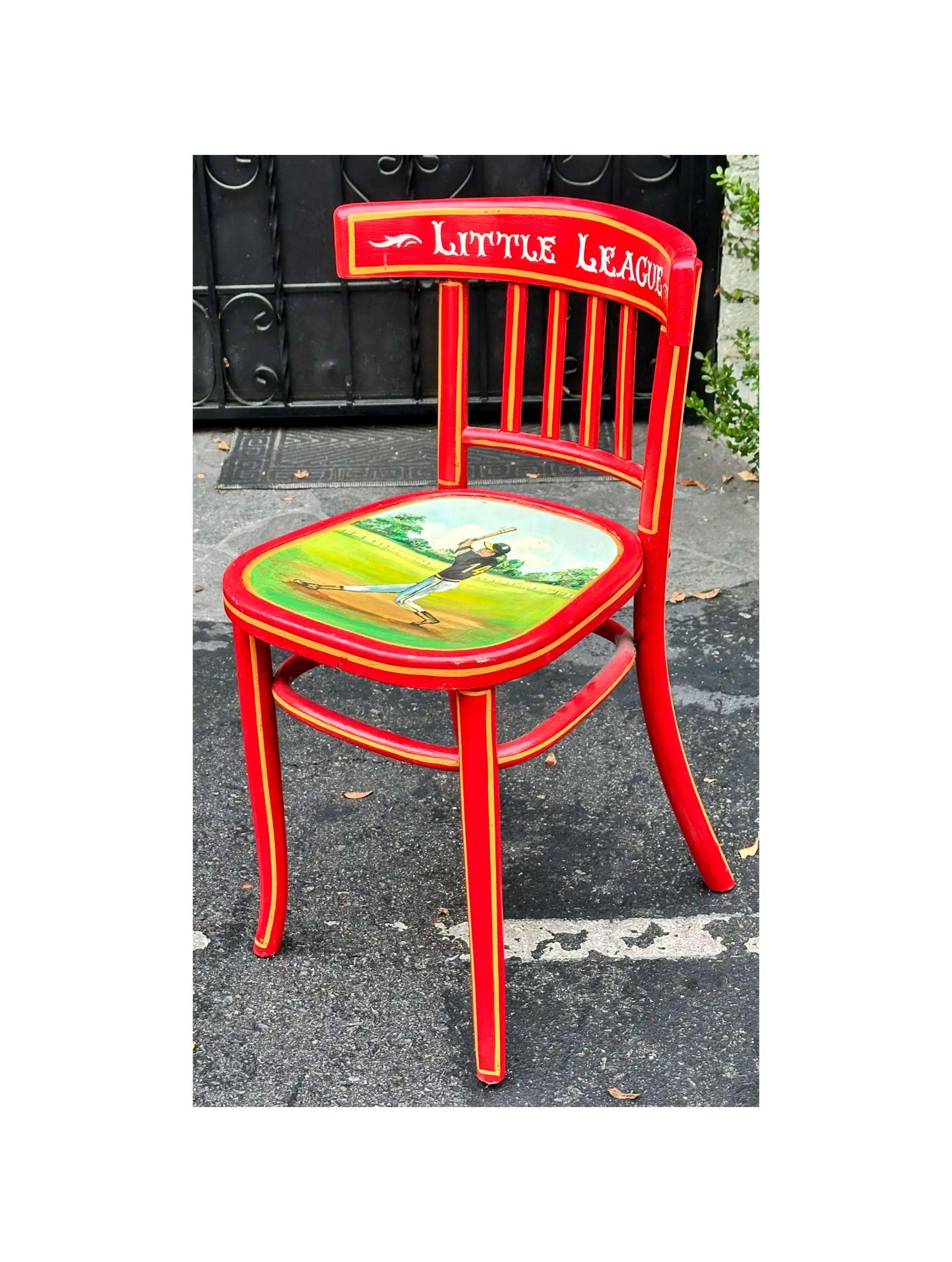 Vintage hand painted little league baseball red klismos chair. It is a very unusual example with a baseball player painting on the seat and the words Little League painted on the seat back. 

Additional information: 
Materials: Paint,
