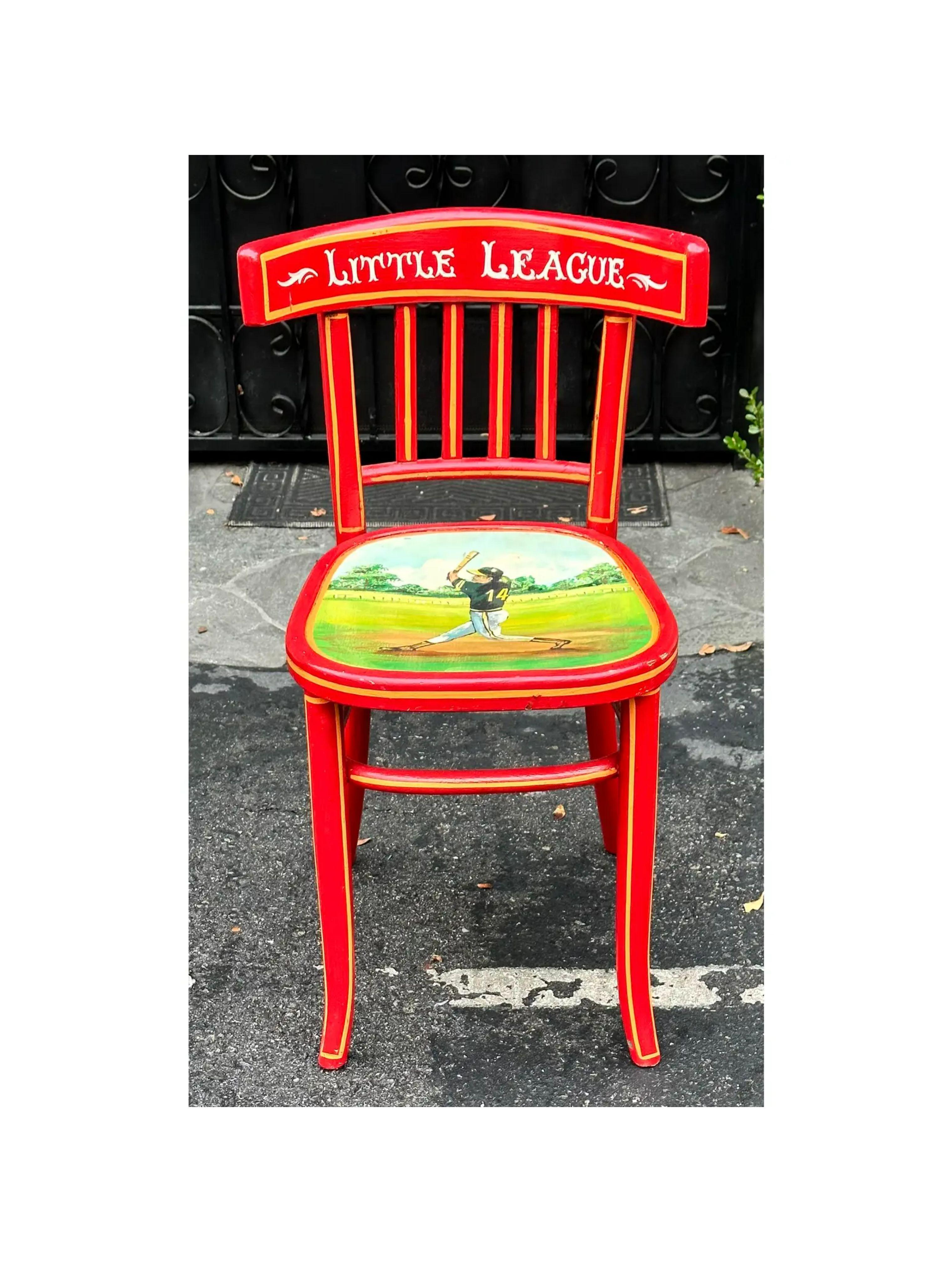 Vintage Hand Painted Little League Baseball Red Klismos Chair, Mid-20th Century In Good Condition In LOS ANGELES, CA