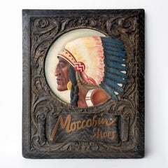 Cartel publicitario vintage pintado a mano "Zapatos mocasín", jefe nativo americano