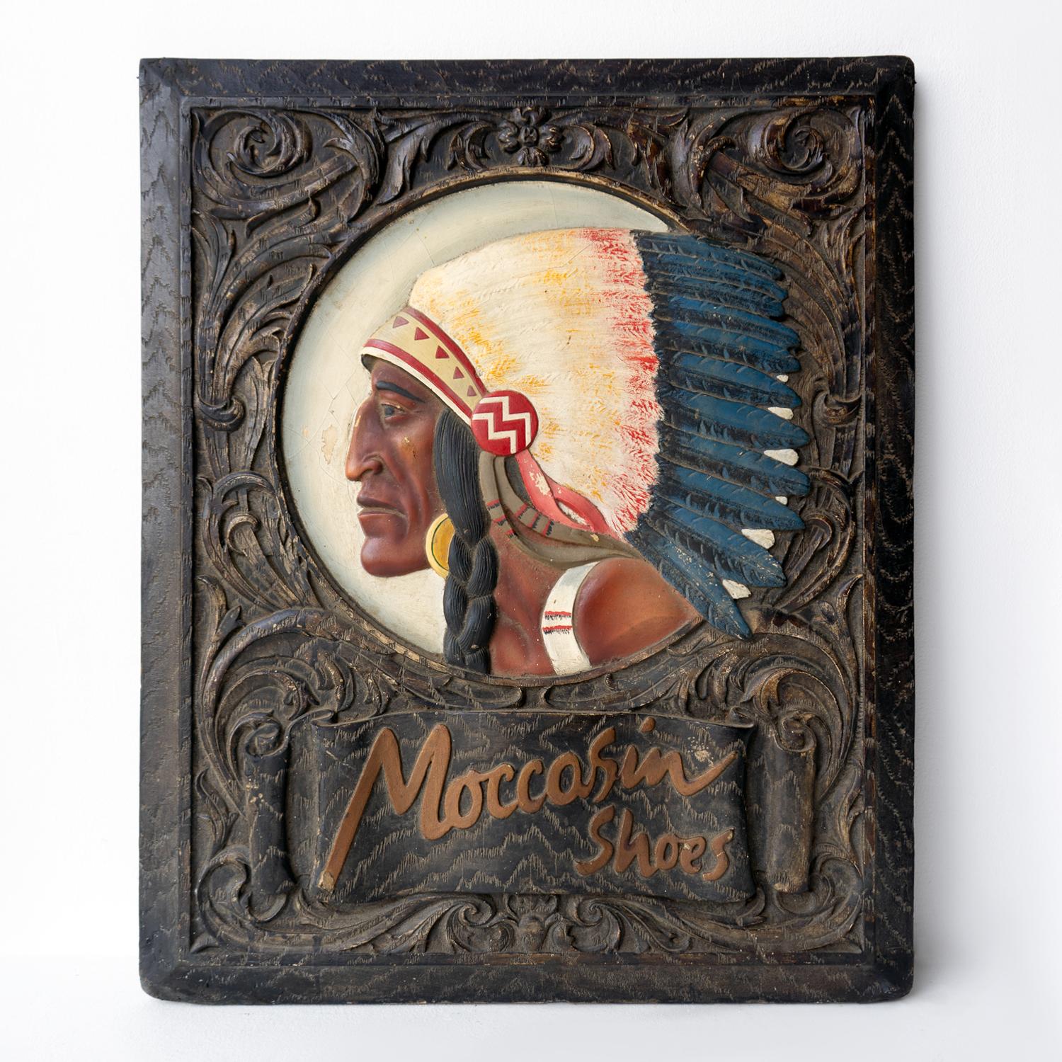 Cast Vintage Hand Painted 'Moccasin Shoes' Advertising Sign, Native American Chief