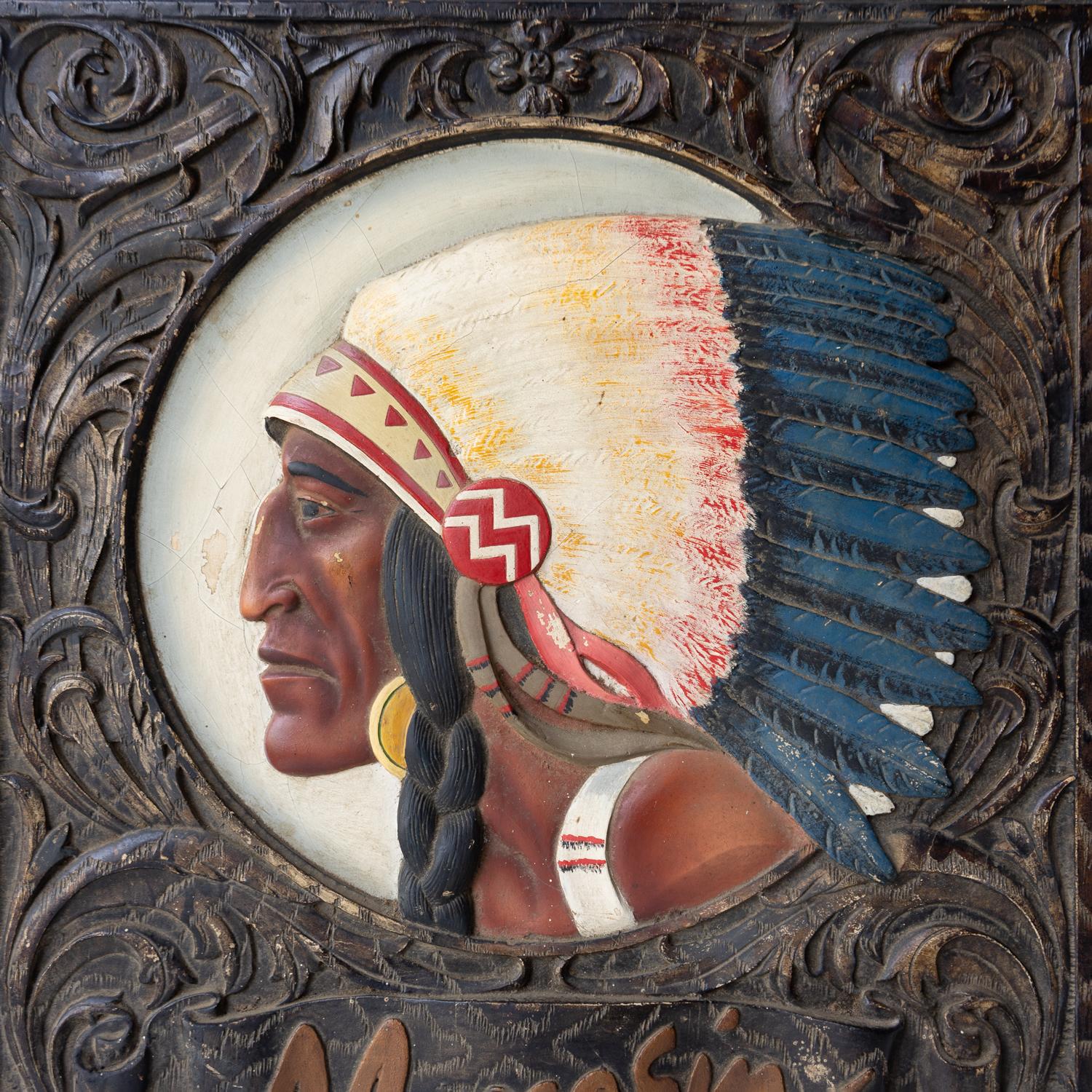 Vintage Hand Painted 'Moccasin Shoes' Advertising Sign, Native American Chief In Good Condition In Bristol, GB