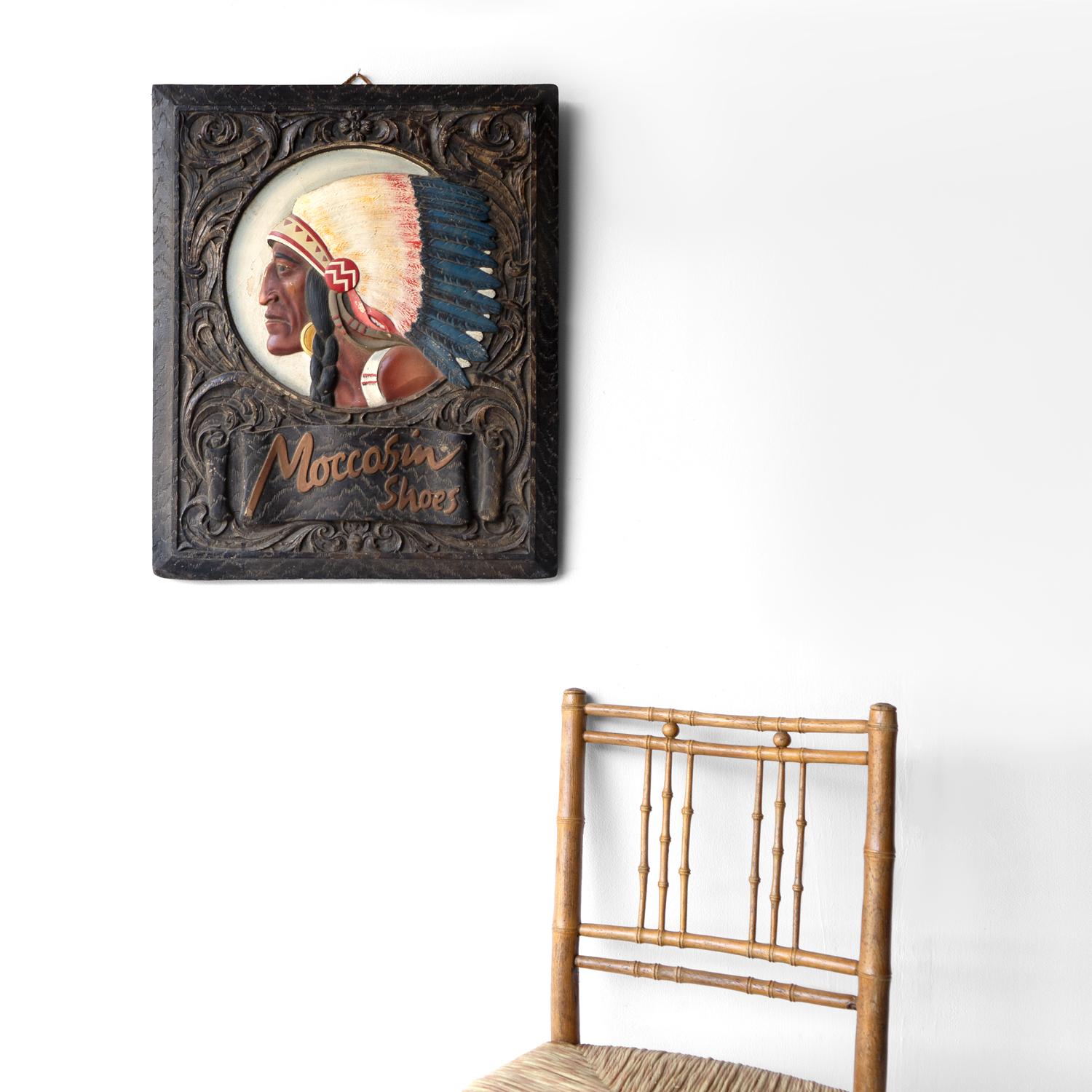 Mid-20th Century Vintage Hand Painted 'Moccasin Shoes' Advertising Sign, Native American Chief