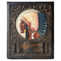 Vintage Hand Painted 'Moccasin Shoes' Advertising Sign, Native American Chief