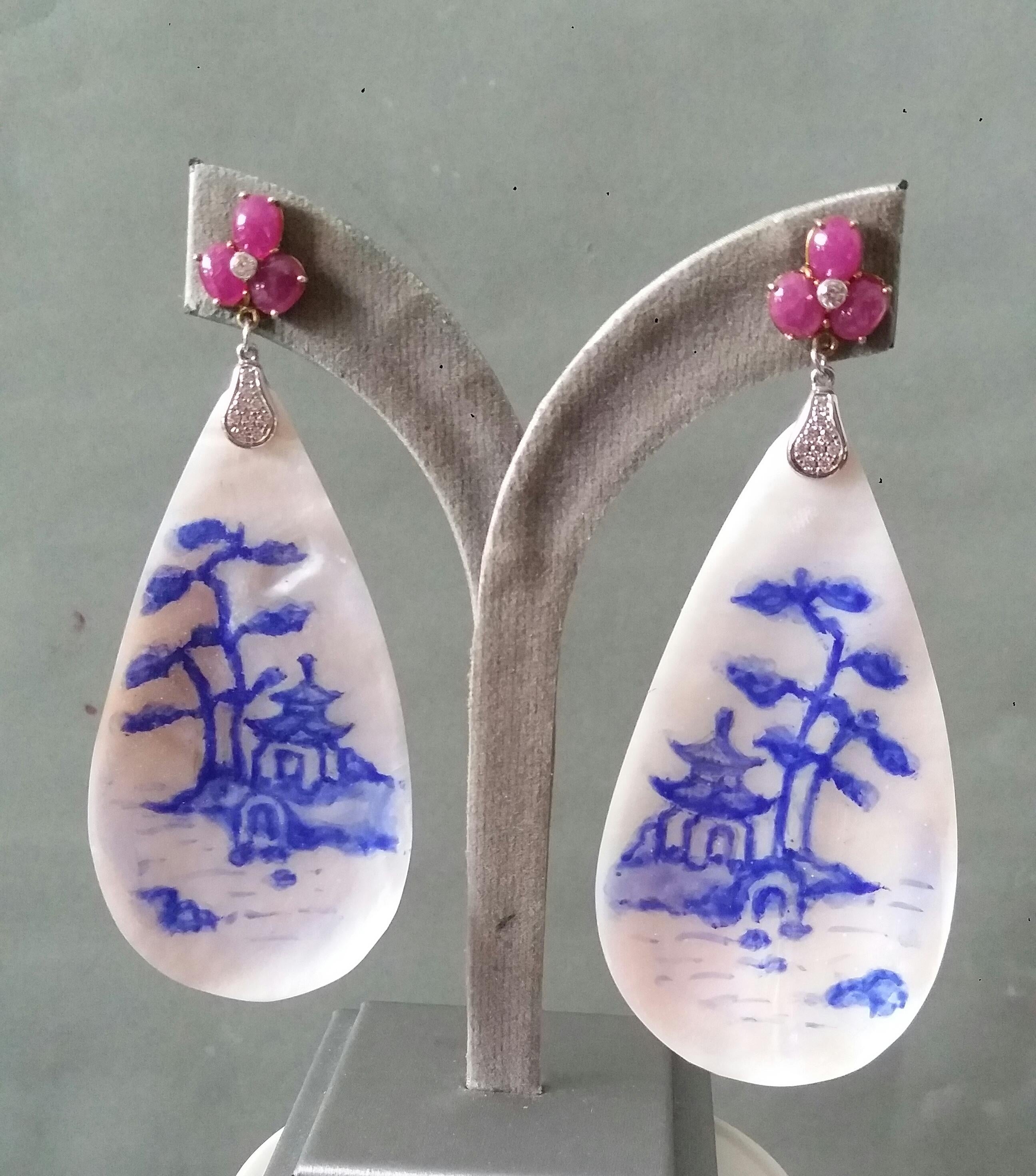 Vintage Hand Painted Mother of Pearl 14k Gold Diamonds Ruby Cabs Dangle Earrings For Sale 4