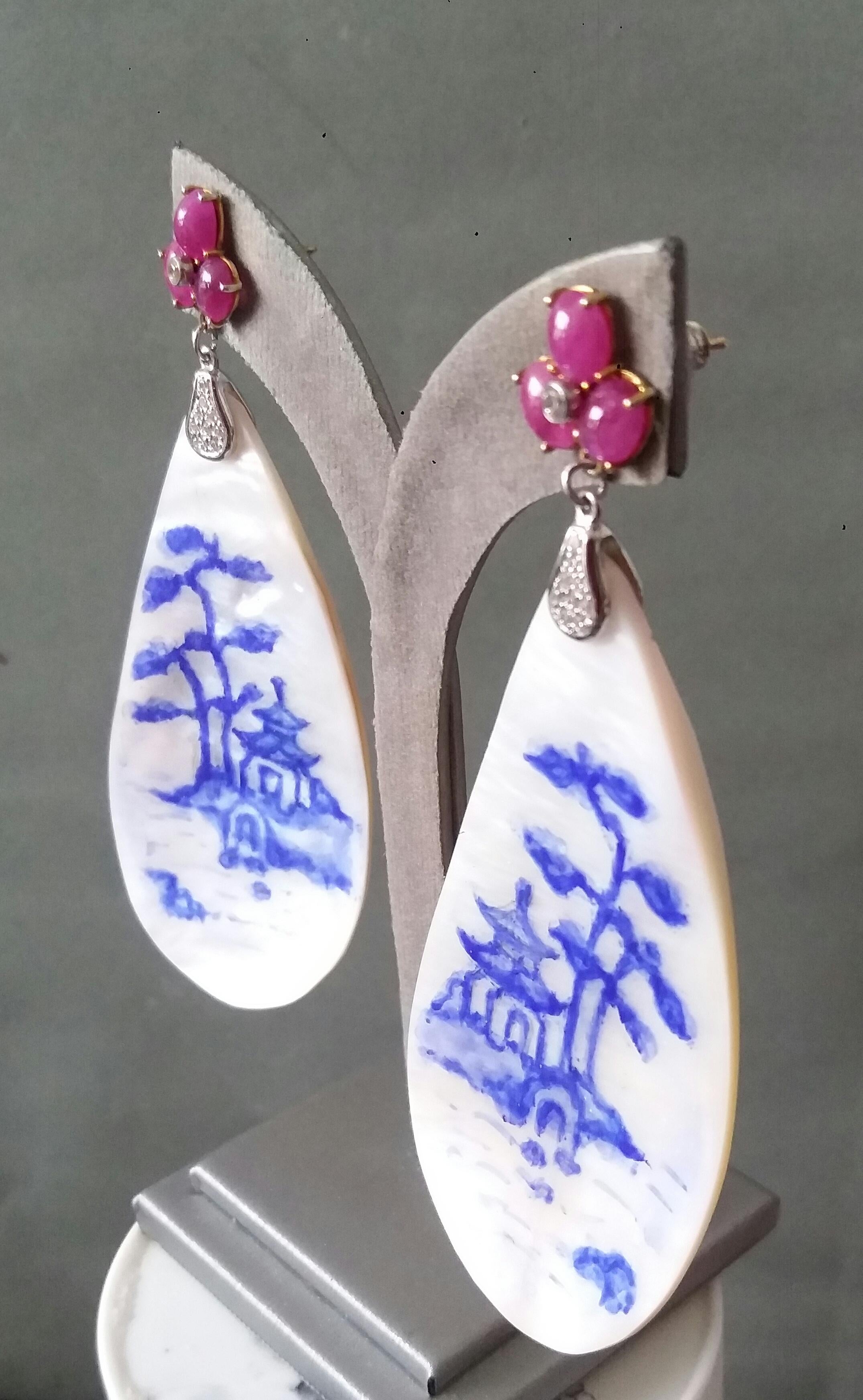 Vintage Hand Painted Mother of Pearl 14k Gold Diamonds Ruby Cabs Dangle Earrings For Sale 5