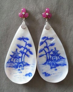 Vintage Hand Painted Mother of Pearl 14k Gold Diamonds Ruby Cabs Dangle Earrings